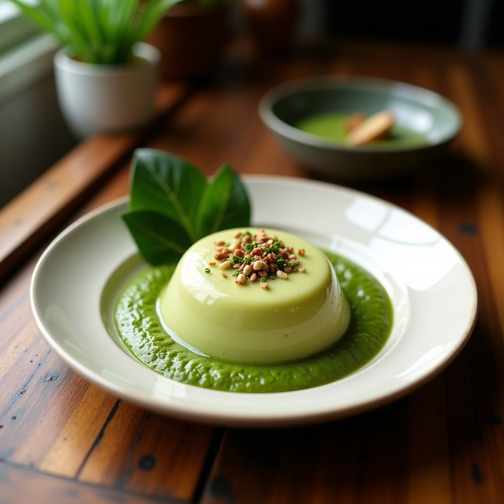 Vaso de cristal transparente con pudding de chía verde esmeralda por el matcha, coronado con coco rallado, almendras fileteadas y arándanos frescos, fondo blanco minimalista.