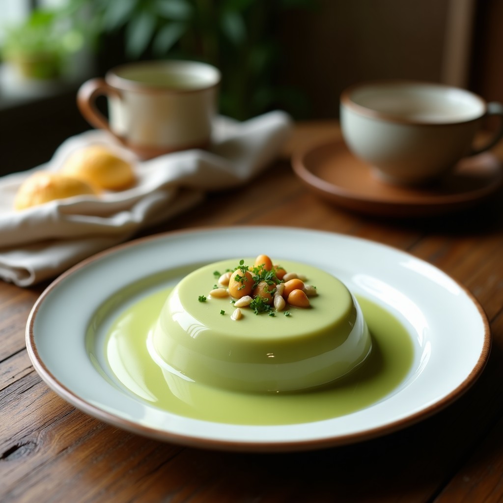 Vaso transparente con pudding de chía verde vibrante, decorado con coco rallado y almendras fileteadas, sobre un fondo de madera clara.