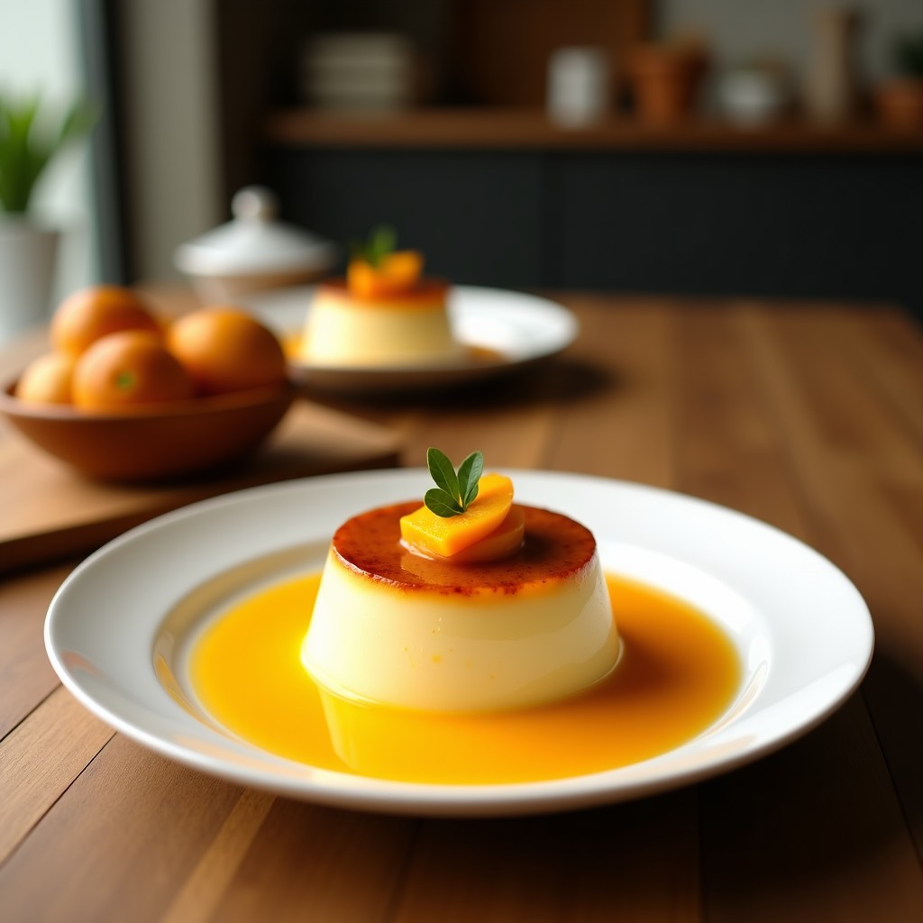 Vasito de cristal transparente con puddín de chía cremoso, capas visibles de puré de mango naranja y semillas de chía negras, decorado con semillas de sésamo tostadas y ralladura de limón, sobre fondo blanco con hojas de menta.