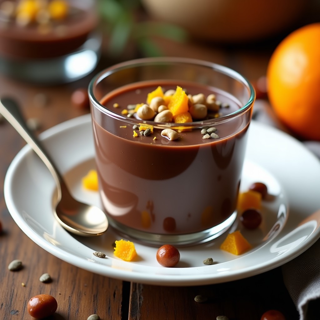 Pudding de semillas de cáñamo y chocolate 85% con esencia de azahar servido en vaso de cristal transparente, decorado con avellanas picadas y cáscara de naranja rallada, sobre fondo rústico de madera.