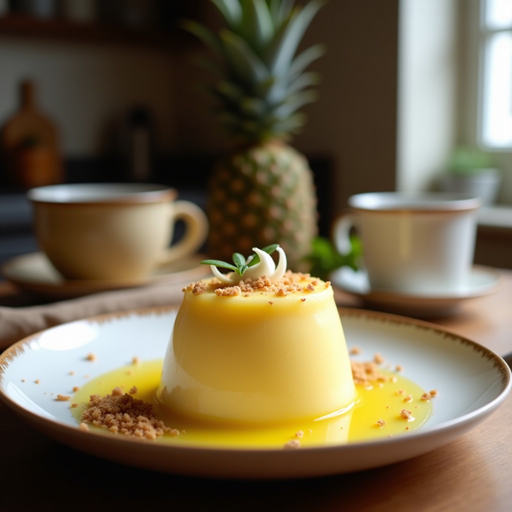 Pudim de abacaxi e coco sem açúcar en copas de cristal transparente, con capas cremosas amarillas y decorado con trozos de piña fresca y coco rallado tostado sobre fondo blanco.