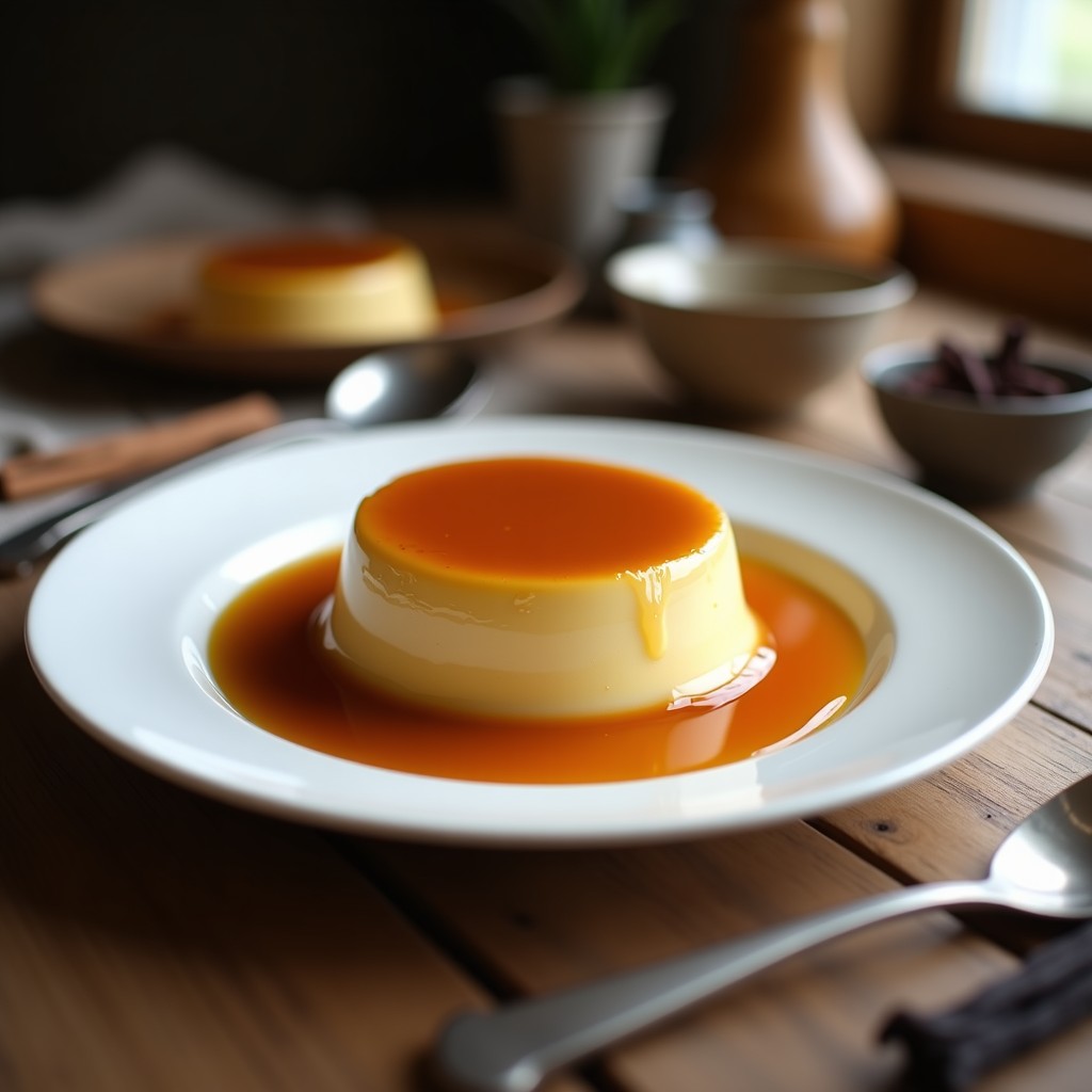 Pudim Abade João portugués en molde de porcelana blanca, cubierto de caramelo líquido dorado, servido en plato rústico con cuchara de madera.