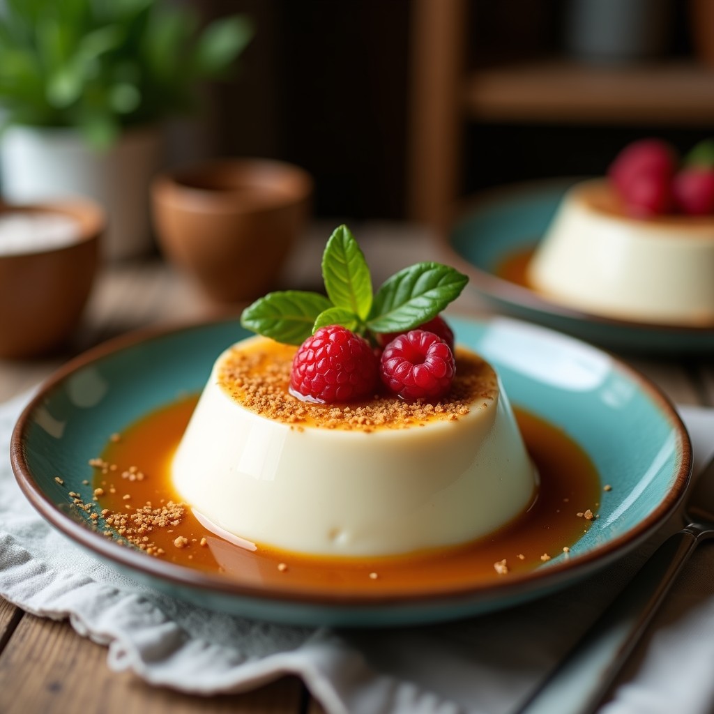 Pudín de coco vegano sin azúcar en moldes transparentes, con textura cremosa y espolvoreado de coco rallado, servido sobre plato blanco rústico.