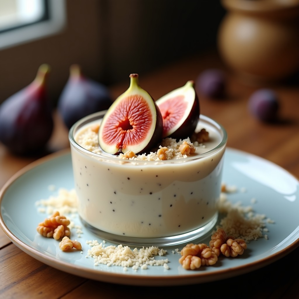 Pudín de amaranto con leche de almendras y higos servido en copa de cristal, decorado con coco rallado, nueces picadas y cubos de higo fresco, sobre fondo rústico de madera.