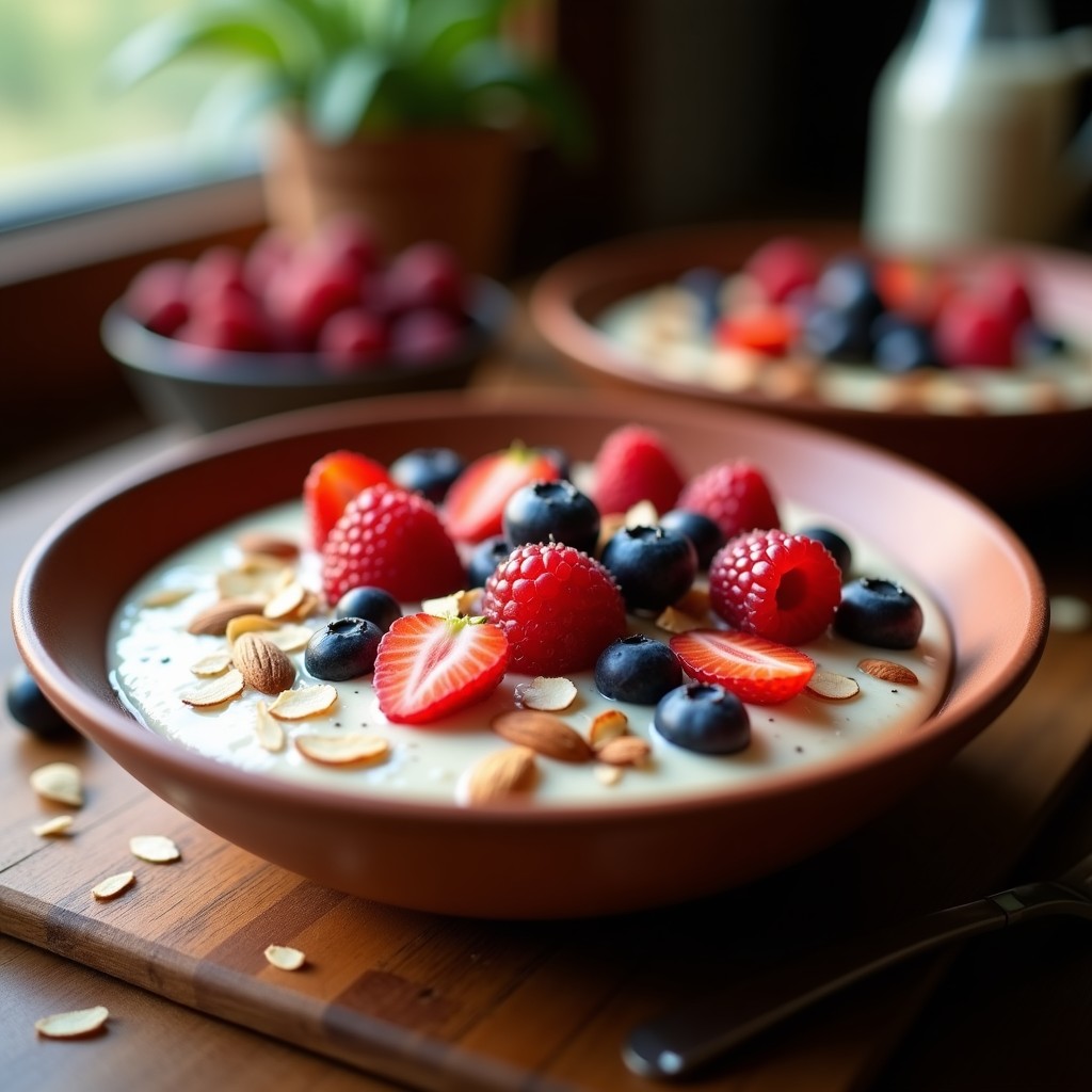Pudín de amaranto y leche de almendras con frutos rojos en un bol de barro mexicano, capas cremosas de color beige con topping de frambuesas, arándanos y almendras fileteadas, decorado con coco rallado y un toque de canela, sobre fondo rústico de madera con luz natural.