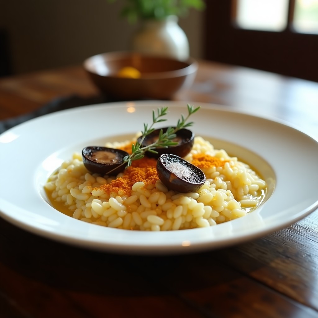 Pudín de arroz salvaje con champiñones y azafrán servido en plato hondo blanco, con textura cremosa y láminas de champiñones portobello dorados, decorado con hebras de azafrán y tomillo fresco.