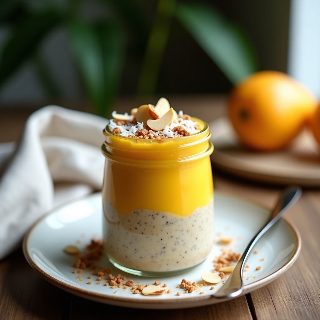 Tarro de vidrio transparente con capas de pudín de avena cremoso y puré de mango dorado, espolvoreado con semillas de chía y coco rallado. Desayuno vegano en tarro listo para llevar, con textura suave y color vibrante.