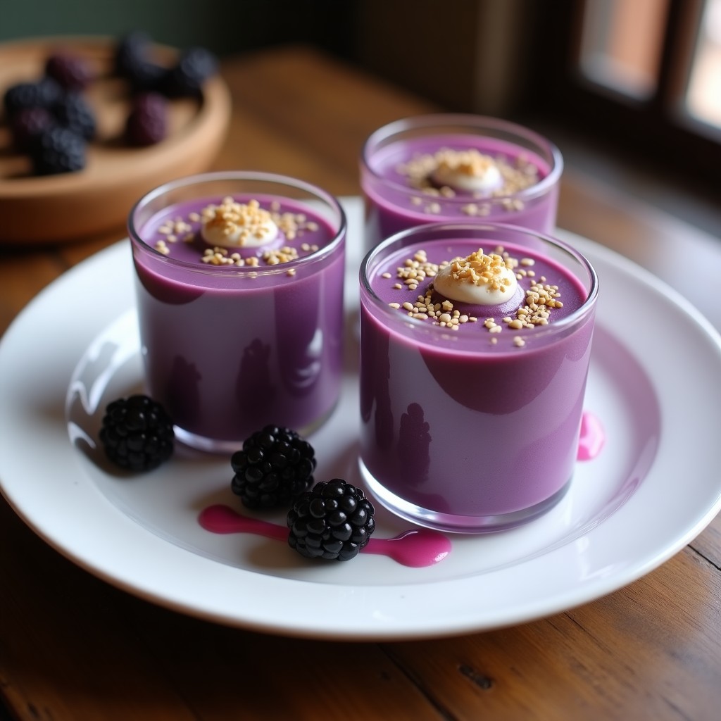 Pudín de batata morada y tahini en copas transparentes, con capas violetas cremosas y crujiente de semillas de sésamo negro y blanco por encima. Postre sin azúcar vegano y keto.
