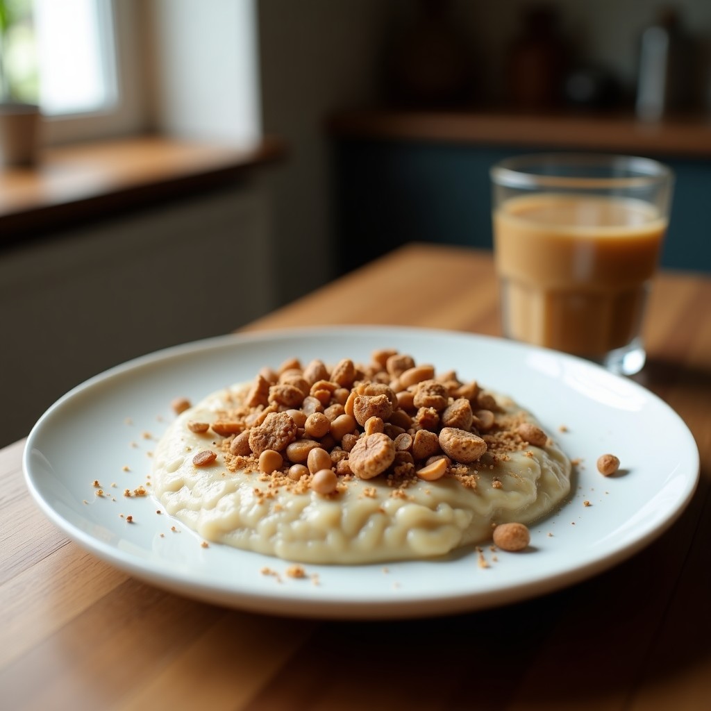 Pudín keto en tarro de cristal transparente, con capas de semillas de cáñamo y coco rallado, decorado con un espolvoreado de canela y coco tostado. Textura cremosa y color beige claro, listo para servir como desayuno saludable.