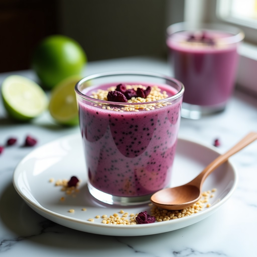 Vaso transparente con pudín de chía en capas moradas y oscuras, coronado con semillas de chía y rodajas de limón, sobre fondo de madera con flores de hibisco al lado.