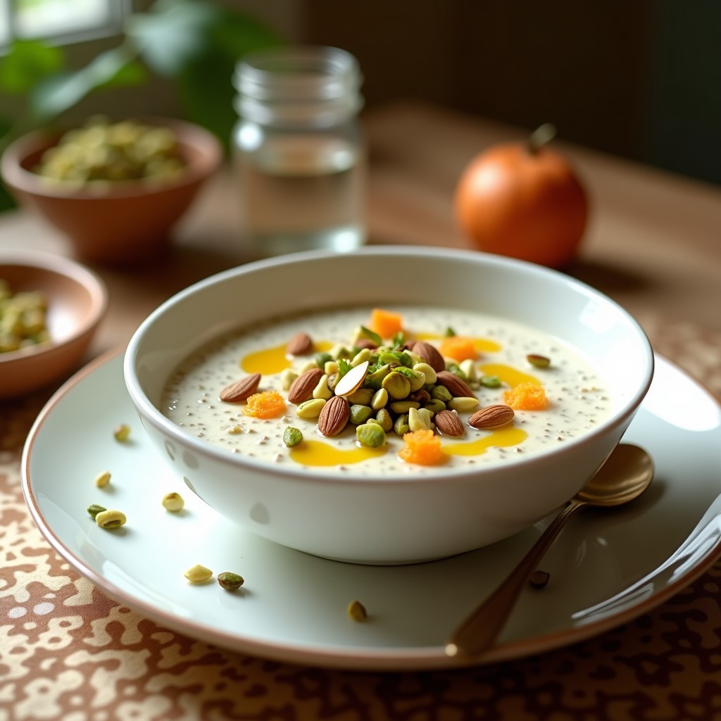 Pudín de chía cremoso en un bol de cerámica blanca, coronado con almendras fileteadas, pistachos picados y un hilo de agua de azahar, con un fondo de texturas moriscas y tonos dorados.
