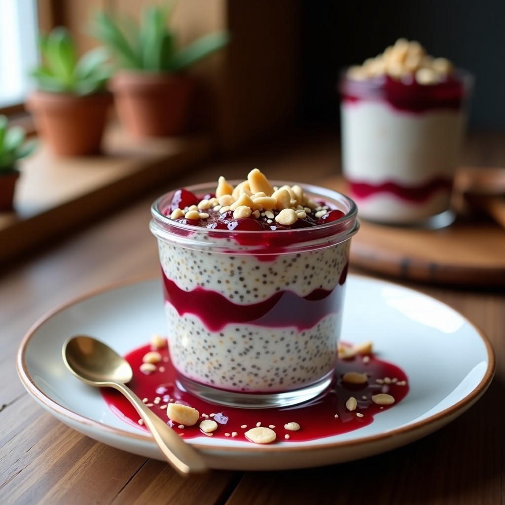 Pudín de chía y avena en capas con compota de arándanos en un tarro de vidrio transparente, decorado con nueces de macadamia y semillas de chía, sobre una mesa de madera rústica con fondo borroso de cocina.