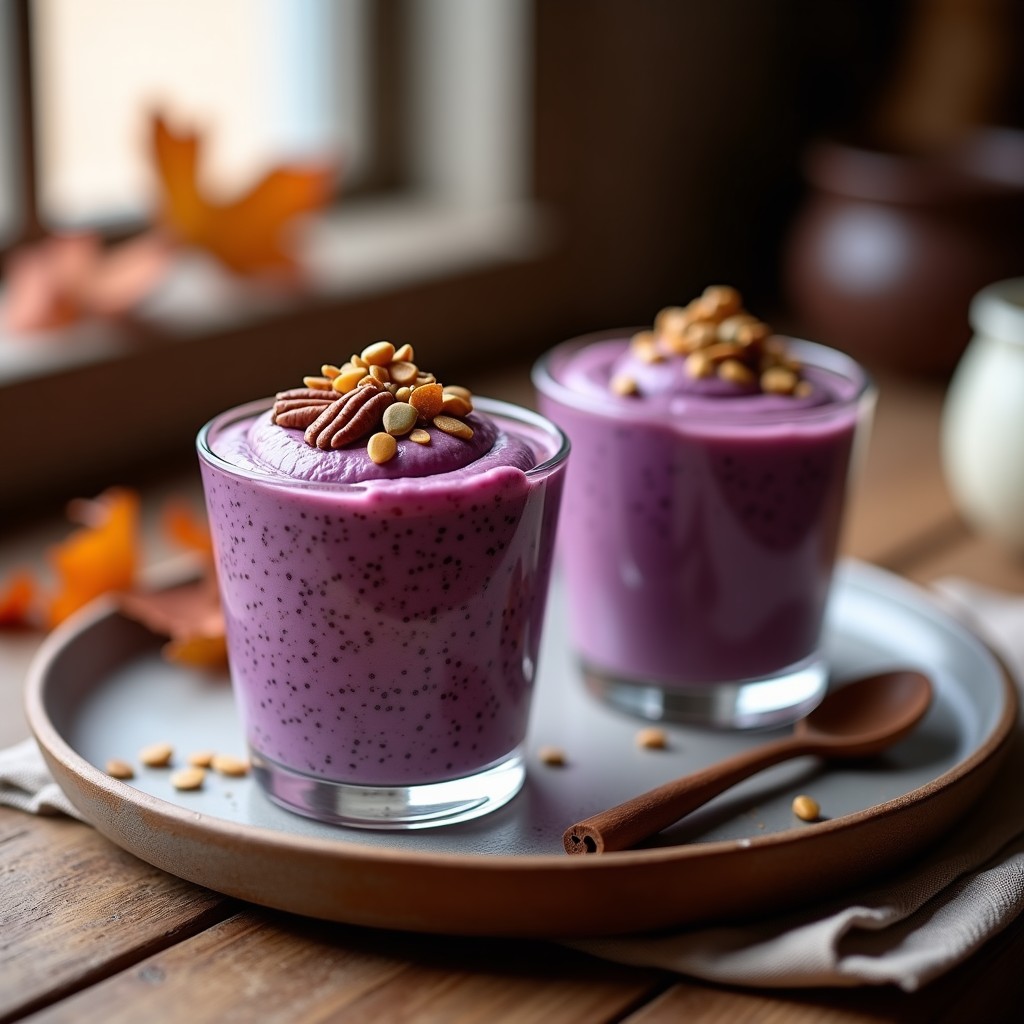 Pudín de chía con puré de batata morada en un bol de cerámica blanca, decorado con semillas de sésamo tostadas y coco rallado. Textura cremosa y color morado intenso, servido con una cuchara de madera.