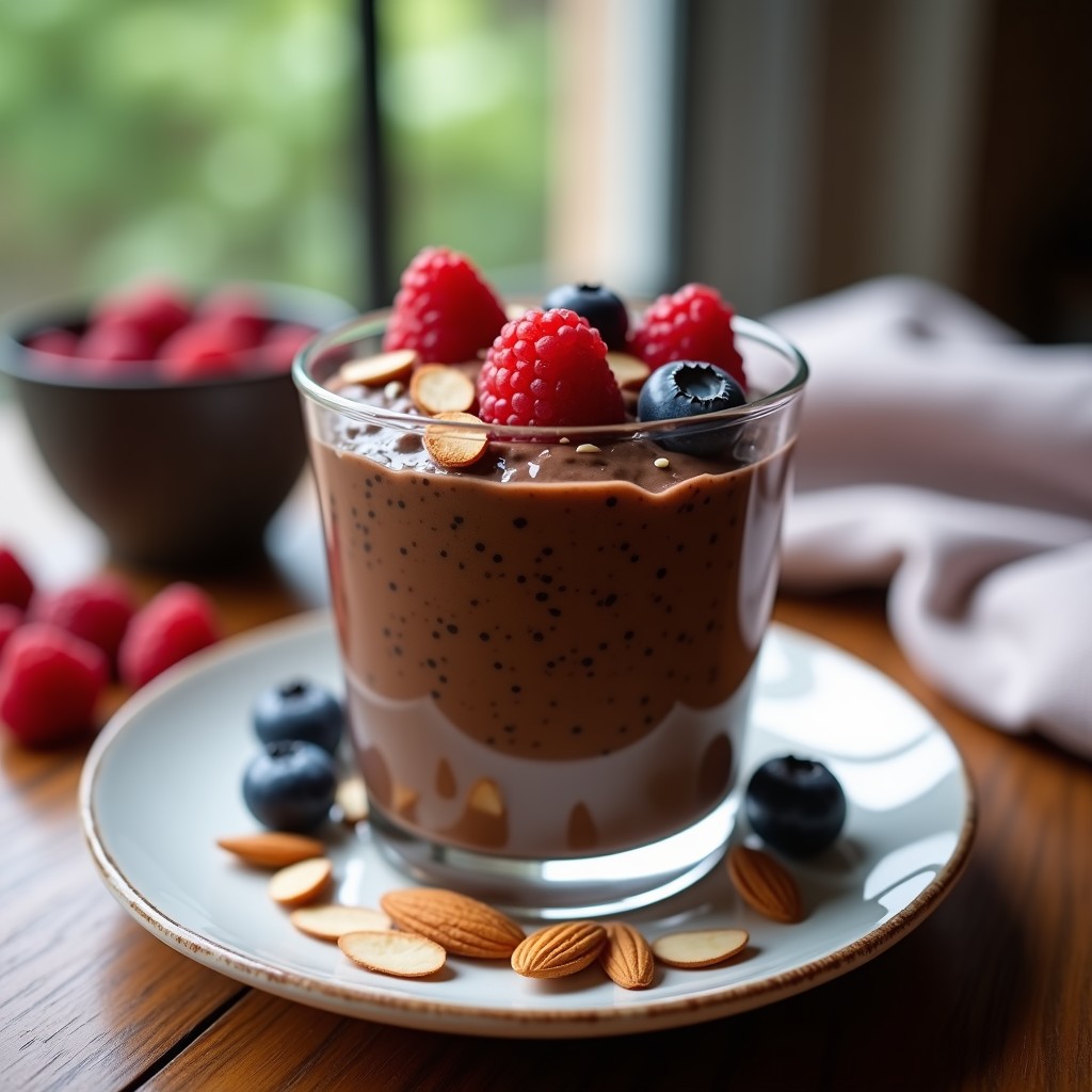 Vaso transparente con pudín de chía y cacao, decorado con almendras fileteadas y frutos rojos frescos, servido sobre una mesa de madera rústica con fondo desenfocado.