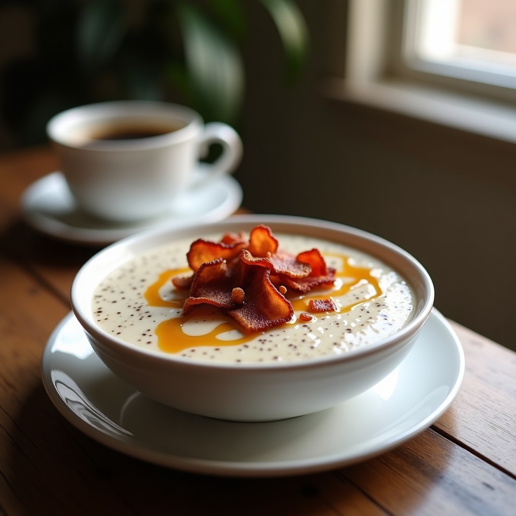 Pudín de chía cremoso con vetas de café, decorado con trozos dorados de bacon crujiente y un hilo de aceite de coco brillante. Servido en un bol de cerámica blanca sobre fondo rústico de madera.