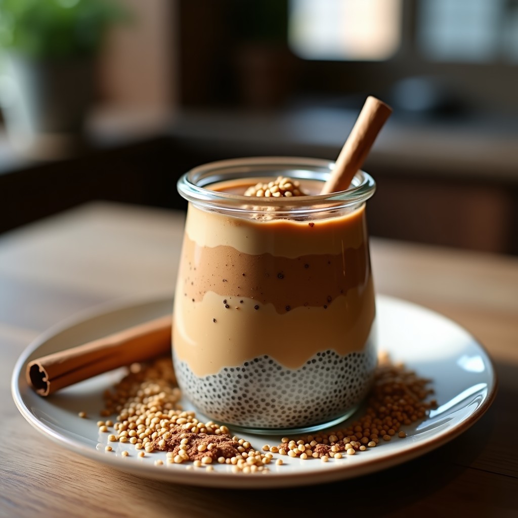 Pudín de chía con café y canela servido en tupper de cristal transparente, con capas cremosas y nueces picadas por encima, listo para llevar. Desayuno sin azúcar y energizante.