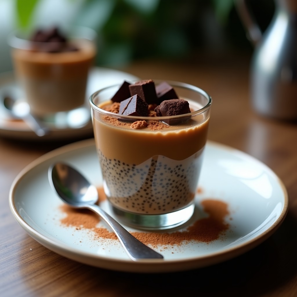 Vasitos de vidrio transparente con pudín de chía de color marrón oscuro, trozos de chocolate negro y almendras fileteadas por encima, sobre un fondo rústico de madera con granos de café y semillas de chía esparcidas.