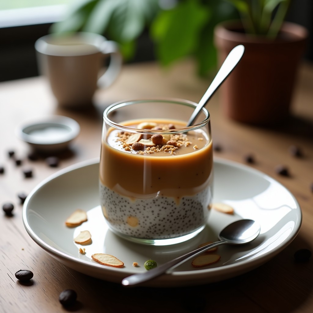Vaso transparente con pudín de chía cremoso de color marrón claro, decorado con copos de coco tostado y almendras fileteadas, sobre un fondo de madera rústica con granos de café y una cucharita de plata. Receta de pudín de chía con café frío y cardamomo, desayuno energético sin lactosa.