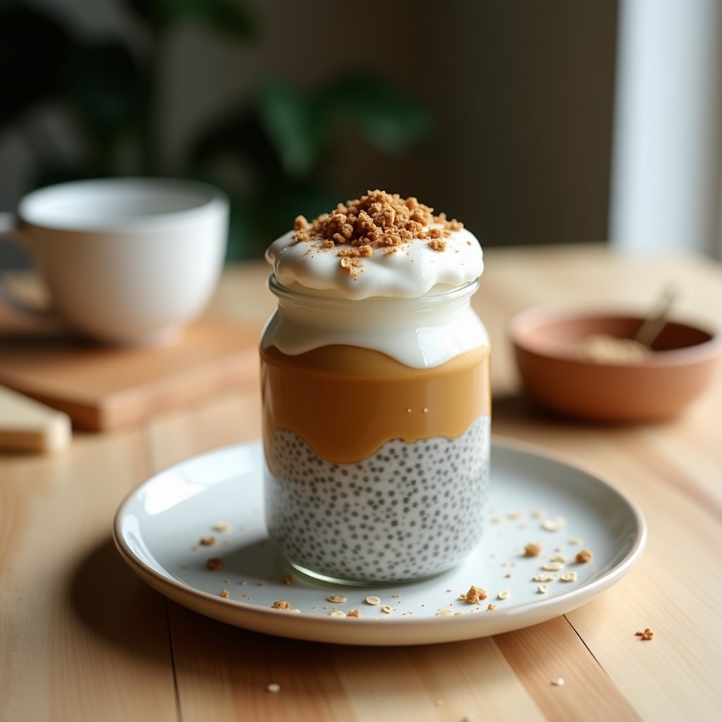 Vaso de cristal transparente con pudín de chía y café con leche de avena, capas visibles de semillas de chía hidratadas, decorado con almendras fileteadas y coco rallado sobre una mesa de madera rústica. Desayuno energético overnight vegano y sin azúcar.