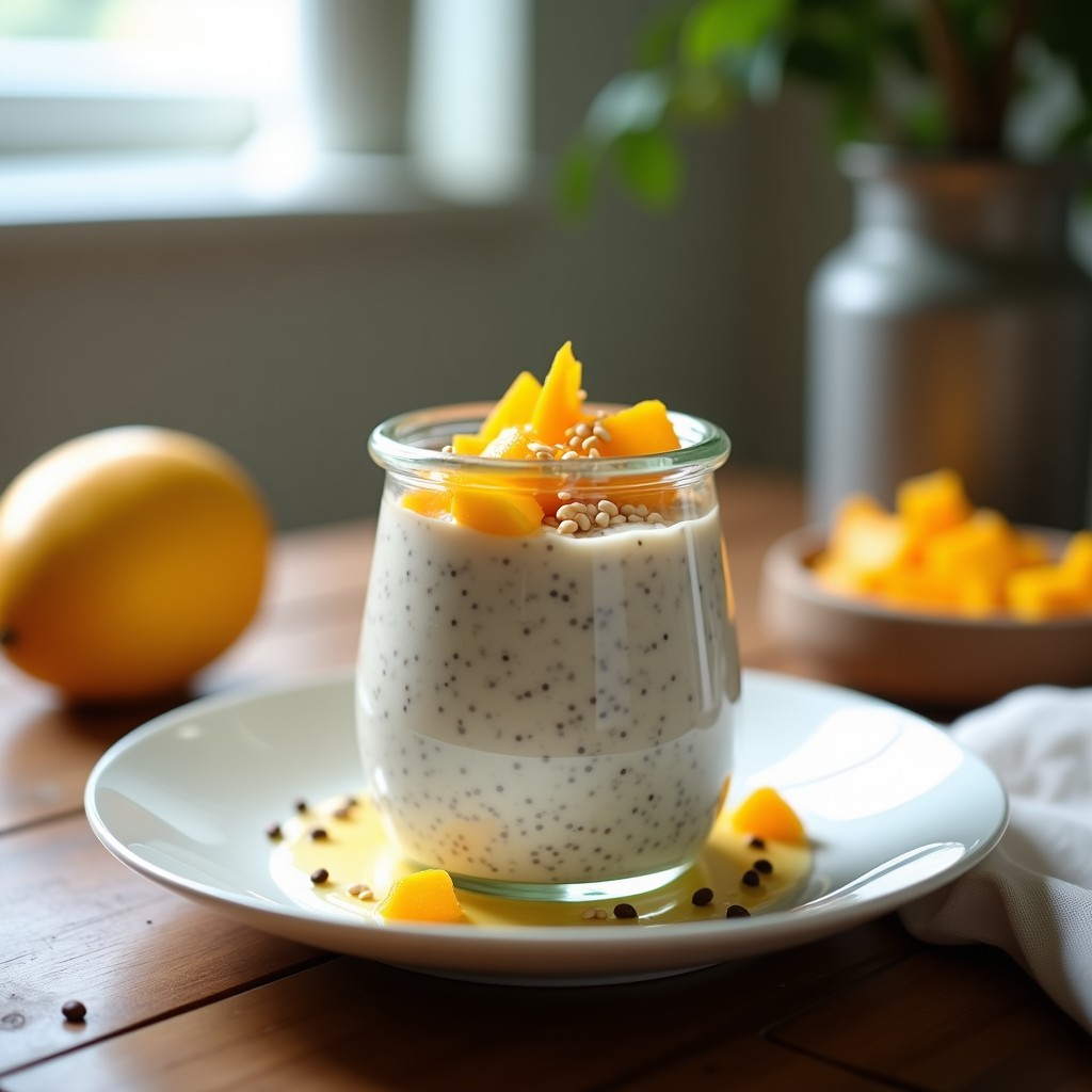 Pudín de chía cremoso en tarro de vidrio transparente, con leche de coconut, trozos de mango deshidratado anaranjado en la superficie y semillas de sésamo tostado espolvoreadas. Textura gelatinosa y color beige claro, servido sobre fondo rústico de madera.