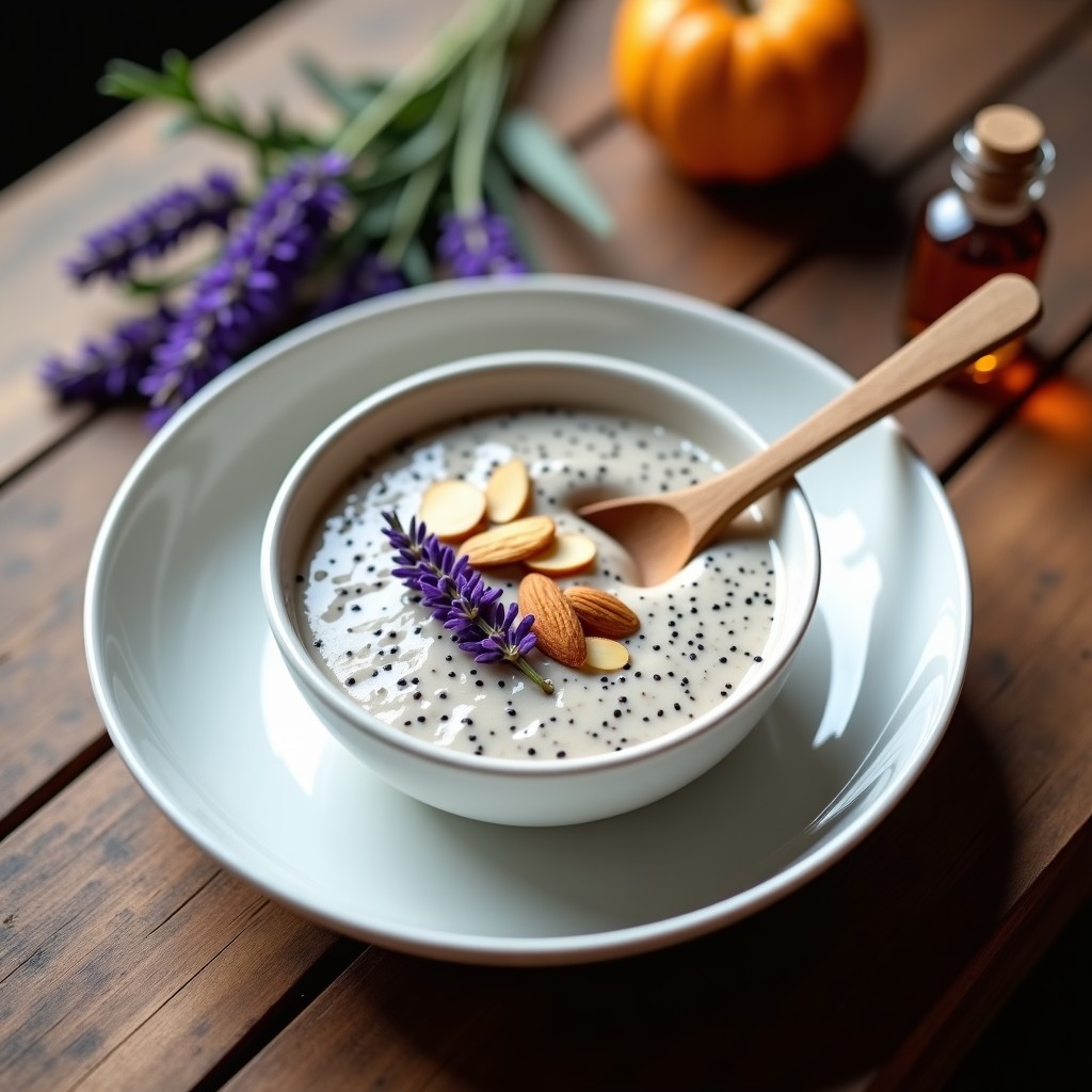 Pudín de chía cremoso en un bol de cerámica blanca, decorado con almendras fileteadas y flores de lavanda moradas, con una cuchara de madera. Desayuno relajante sin lactosa con esencia de lavanda.