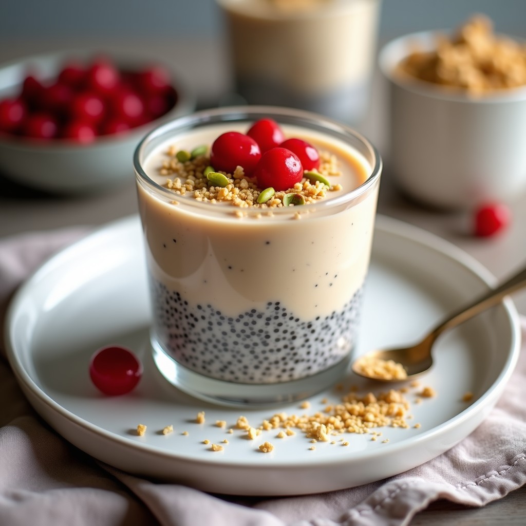 Copa de vidrio transparente con pudín de chía cremoso de color beige claro, salpicado de bayas de goji rojas y decorado con coco rallado toastado y pistachos picados. Fondo minimalista con texturas naturales.