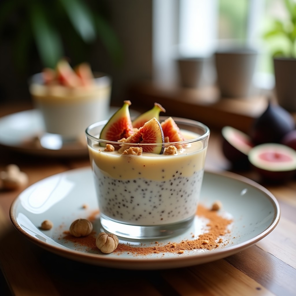Pudín de chía cremoso con leche de avellana en copa de cristal transparente, coronado con higos frescos en cubos, avellanas tostadas picadas y un espolvoreado de canela, sobre fondo de madera rústica con luz natural.