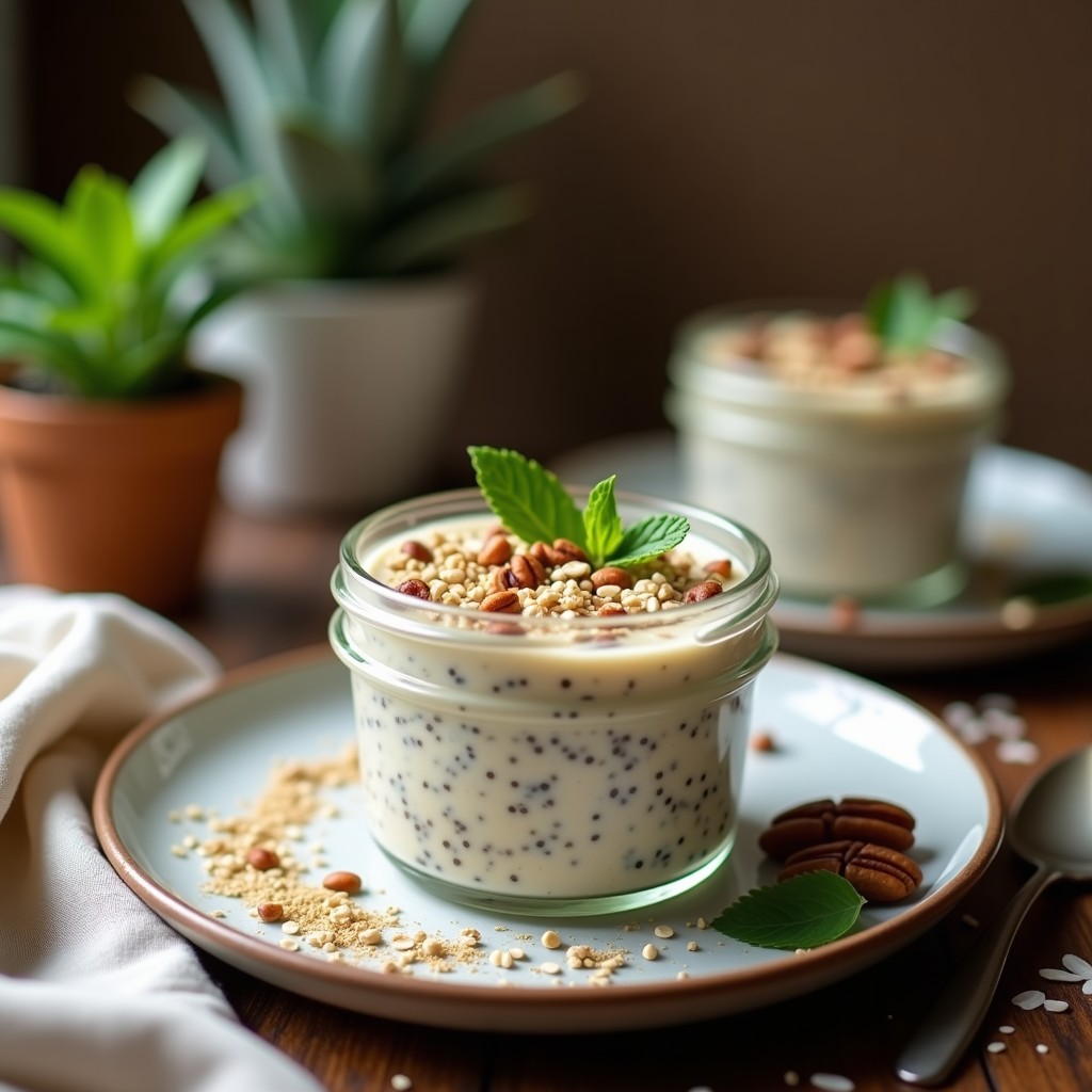 Tarro de cristal transparente con pudín de chía cremoso en capas, compota de pera dorada, nueces pecanas tostadas y coco rallado, servido sobre una mesa de madera con una cuchara de madera y semillas de cardamomo esparcidas. Desayuno vegano para tupper.