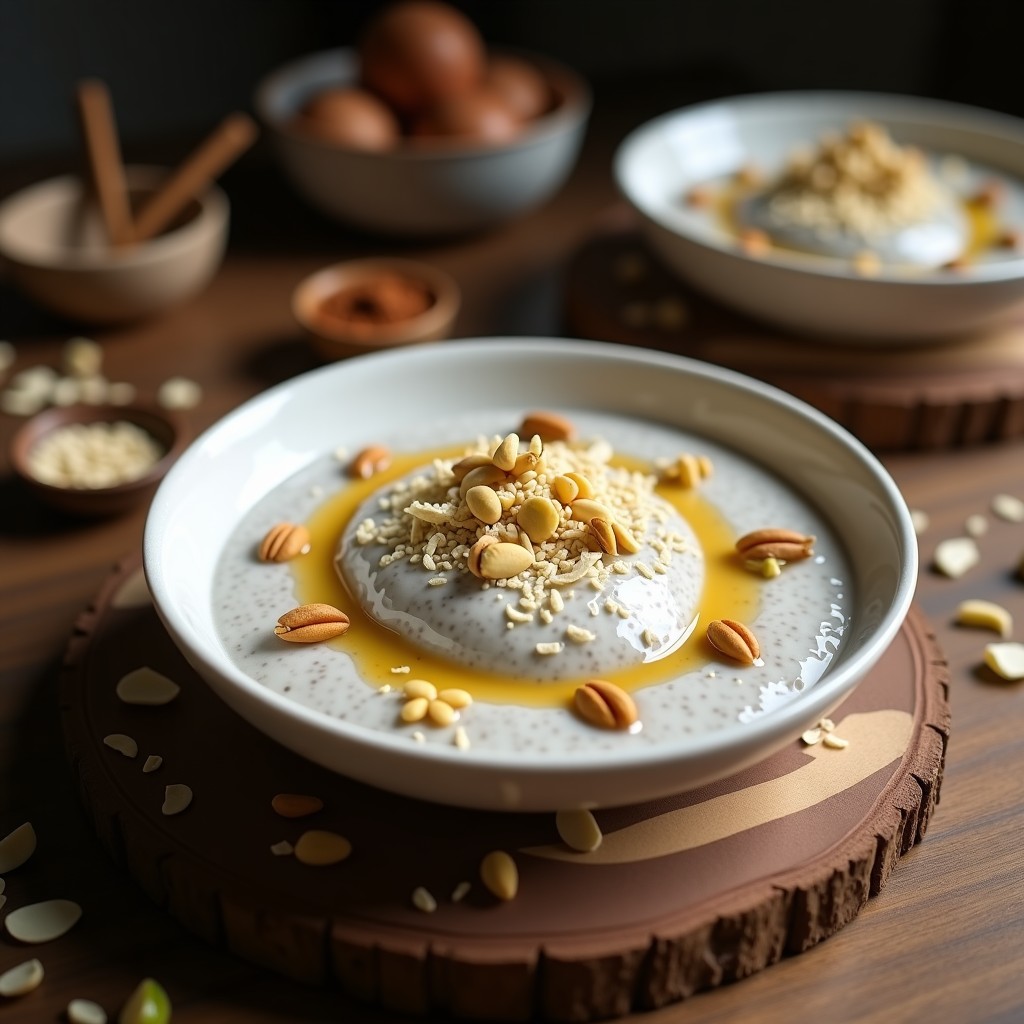 Pudín de chía cremoso con leche de avena en un bol de cerámica blanca, decorado con pistachos picados, coco rallado y un espolvoreado de cardamomo en polvo. Postre indio sin cocinar con textura sedosa y colores naturales.