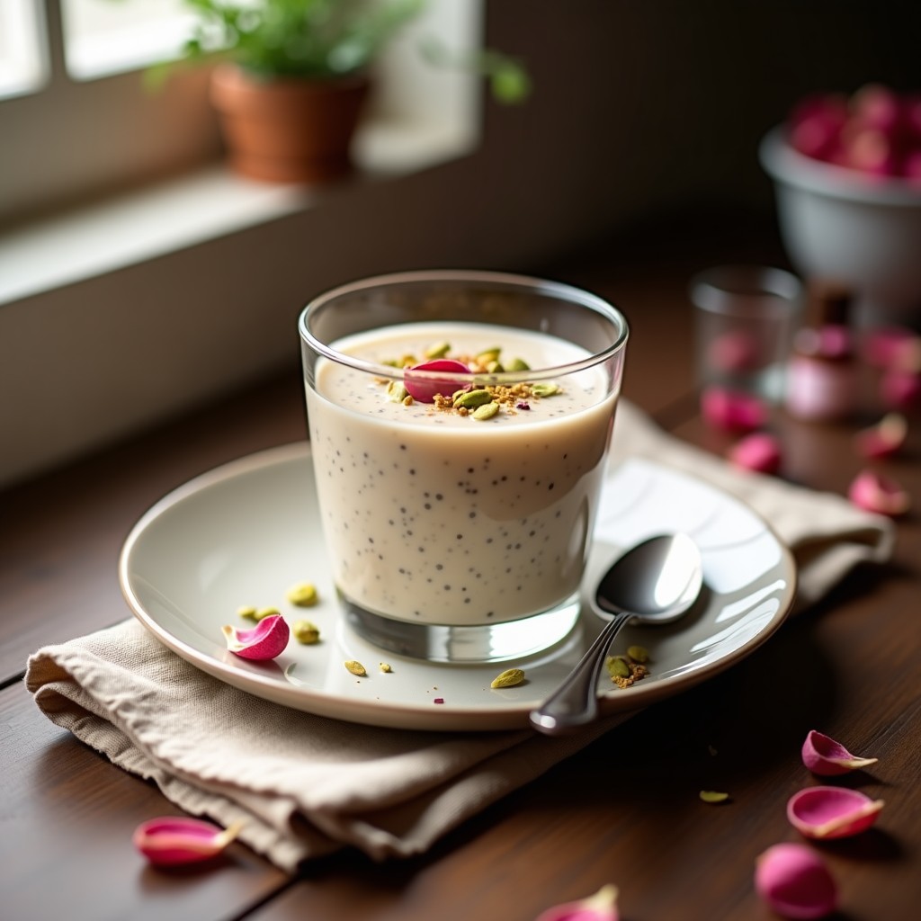 Pudín de chía cremoso en cuenco de cerámica blanca, decorado con pétalos de rosa comestibles y pistachos picados, con un fondo de textura rústica y luz natural. Receta persa sin azúcar con leche de avena y esencia de rosa.