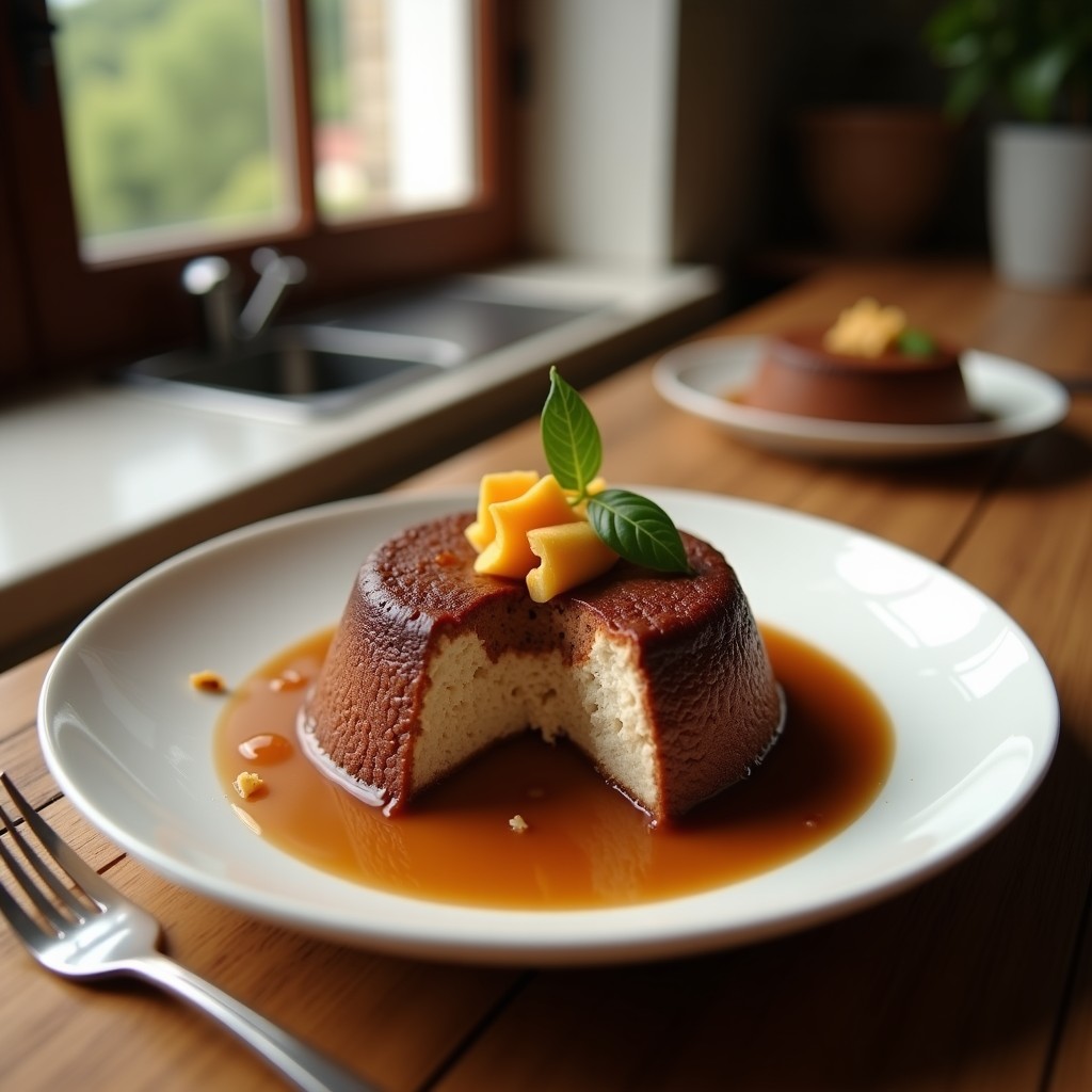 Frasco de vidrio transparente con pudín de chía de color marrón oscuro, capas visibles de semillas de chía, trozos de plátano amarillo y topping de nueces picadas y coco rallado. Plato de fondo rústico con cucharita de madera.