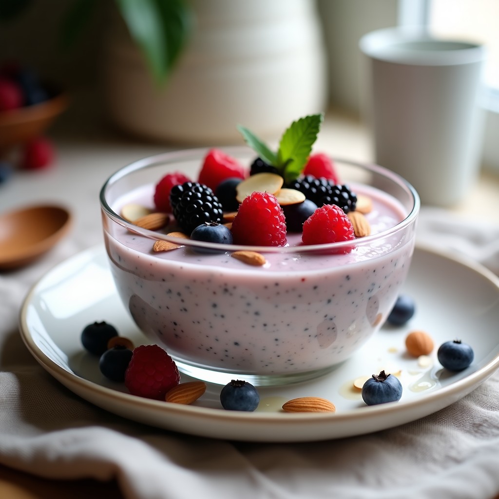 Pudín de chía cremoso en un bol de cristal con leche de cardo, cubierto de frutos rojos frescos, almendras fileteadas y un hilo de miel de agave. Fondo blanco con detalles rústicos.