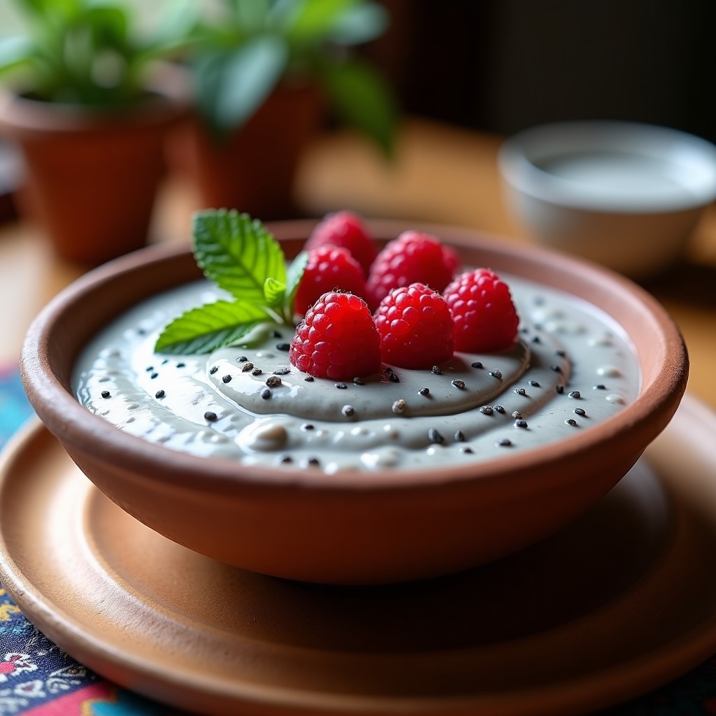 Pudín de chía cremoso en un bol de barro, con capas de leche de ceniza de color grisáceo y frambuesas frescas rojas. Decorado con semillas de amapola y hojas de menta, sobre una mesa rústica de madera con un fondo de texturas mexicanas.