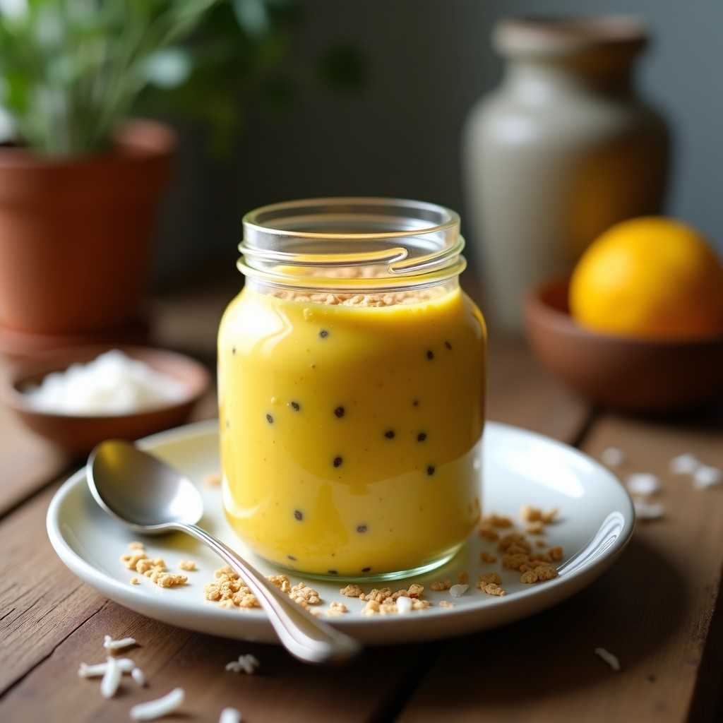 Pudín de chía cremoso con leche de cúrcuma y jengibre en un tupper de vidrio transparente, decorado con coco rallado y semillas de chía. Desayuno ayurvédico saludable y color dorado intenso.