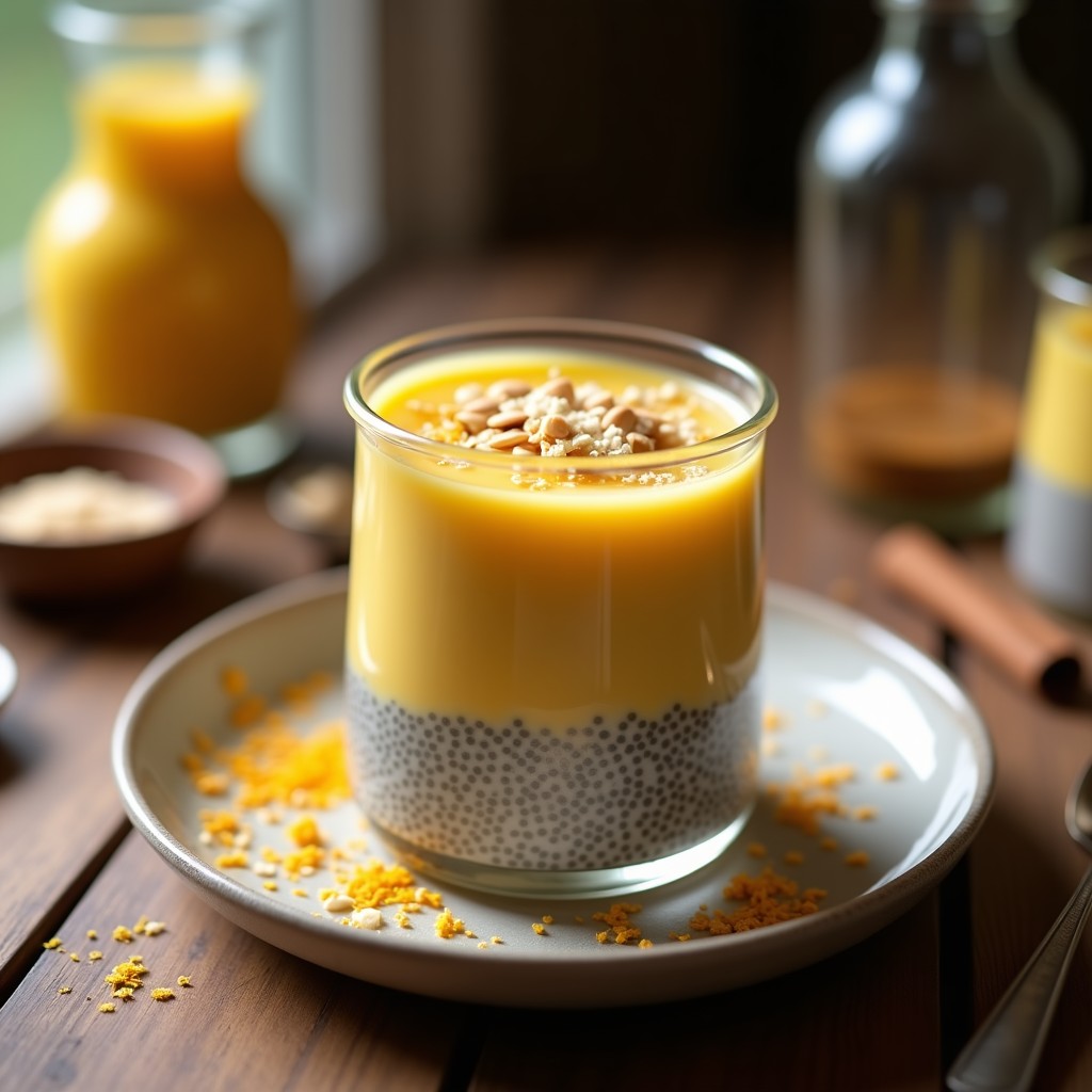 Pudín de chía con leche dorada y azafrán servido en un tarro de vidrio transparente, con capas cremosas y decorado con almendras fileteadas y coco rallado sobre fondo blanco.