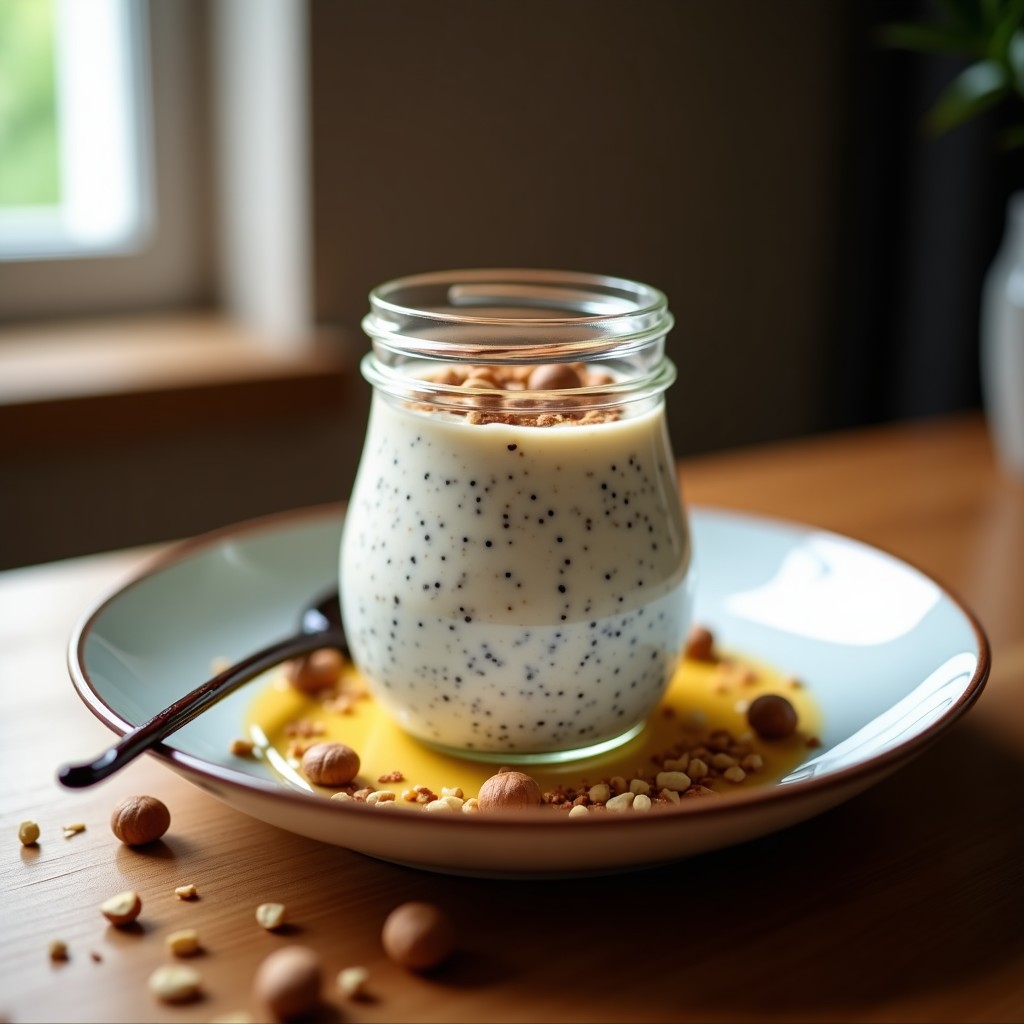 Pudín de chía con leche de macadamia y esencia de vainilla en un bol de cristal transparente, decorado con coco rallado y almendras fileteadas, sobre una mesa de madera rústica con fondo oscuro.