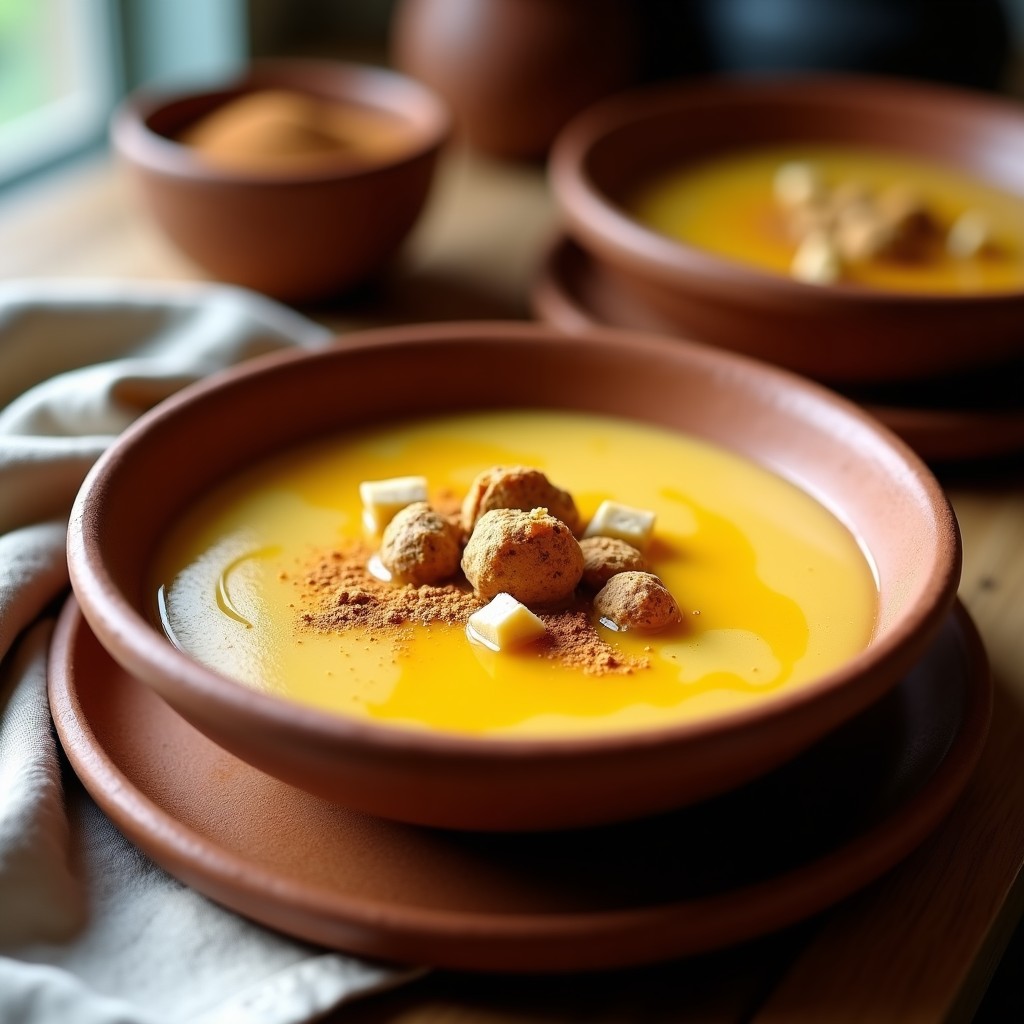 Pudín de chía dorado en un bol de barro con trozos de lúcuma y maca, decorado con canela y un hilo de aceite de coco. Desayuno ayurvédico sin lactosa ultra nutritivo.