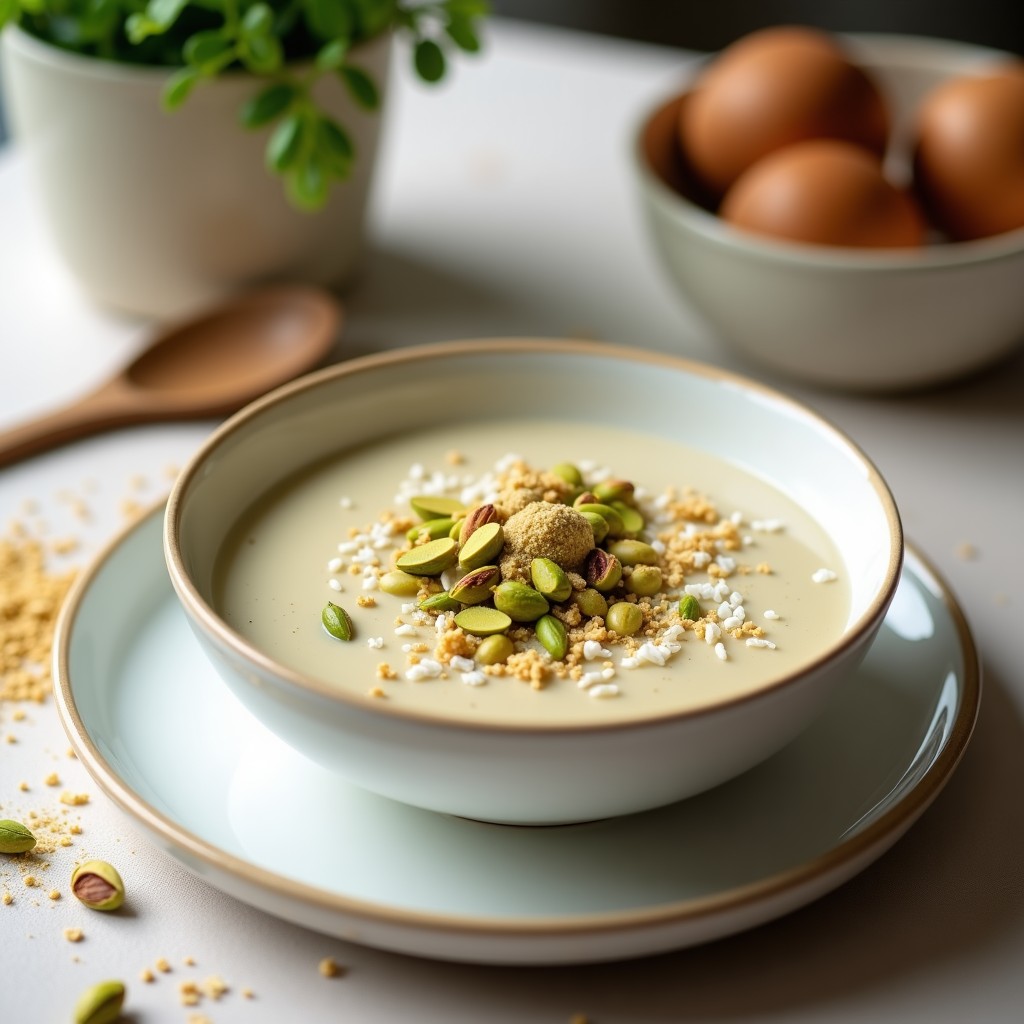 Copa de cristal transparente con pudín de chía cremoso, de color beige claro, decorado con pistachos picados y un toque de cardamomo en polvo. Fondo con semillas de chía y hojas de menta fresca. Desayuno keto y antioxidante.