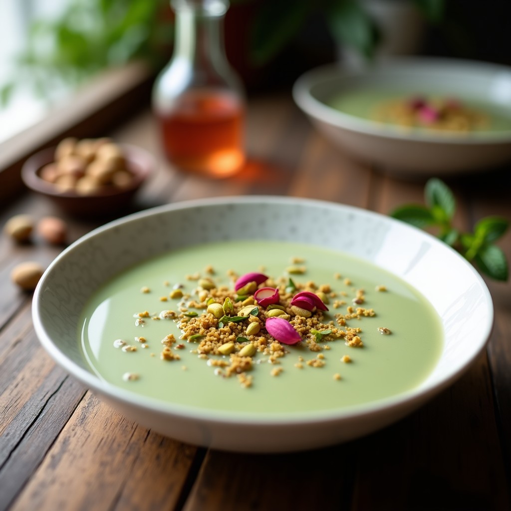 Pudín de chía cremoso con leche de pistacho, decorado con pétalos de rosa comestibles y pistachos picados, servido en un bol de porcelana blanca sobre fondo de madera clara, desayuno persa sin lactosa.