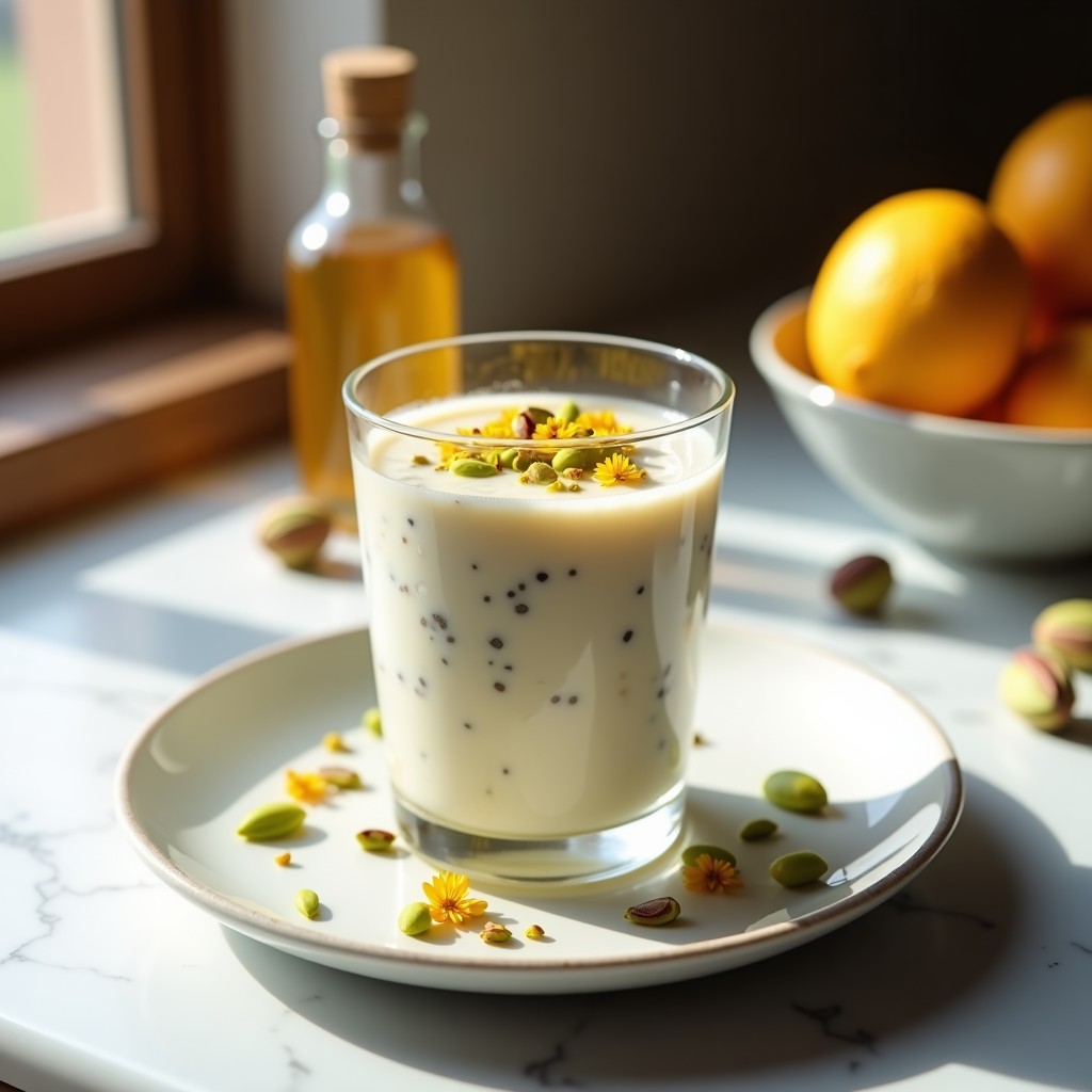 Vaso transparente con pudín de chía y leche de pistacho vegano, decorado con pistachos picados y flores de azahar comestibles sobre un fondo blanco. Textura cremosa y capas visibles.