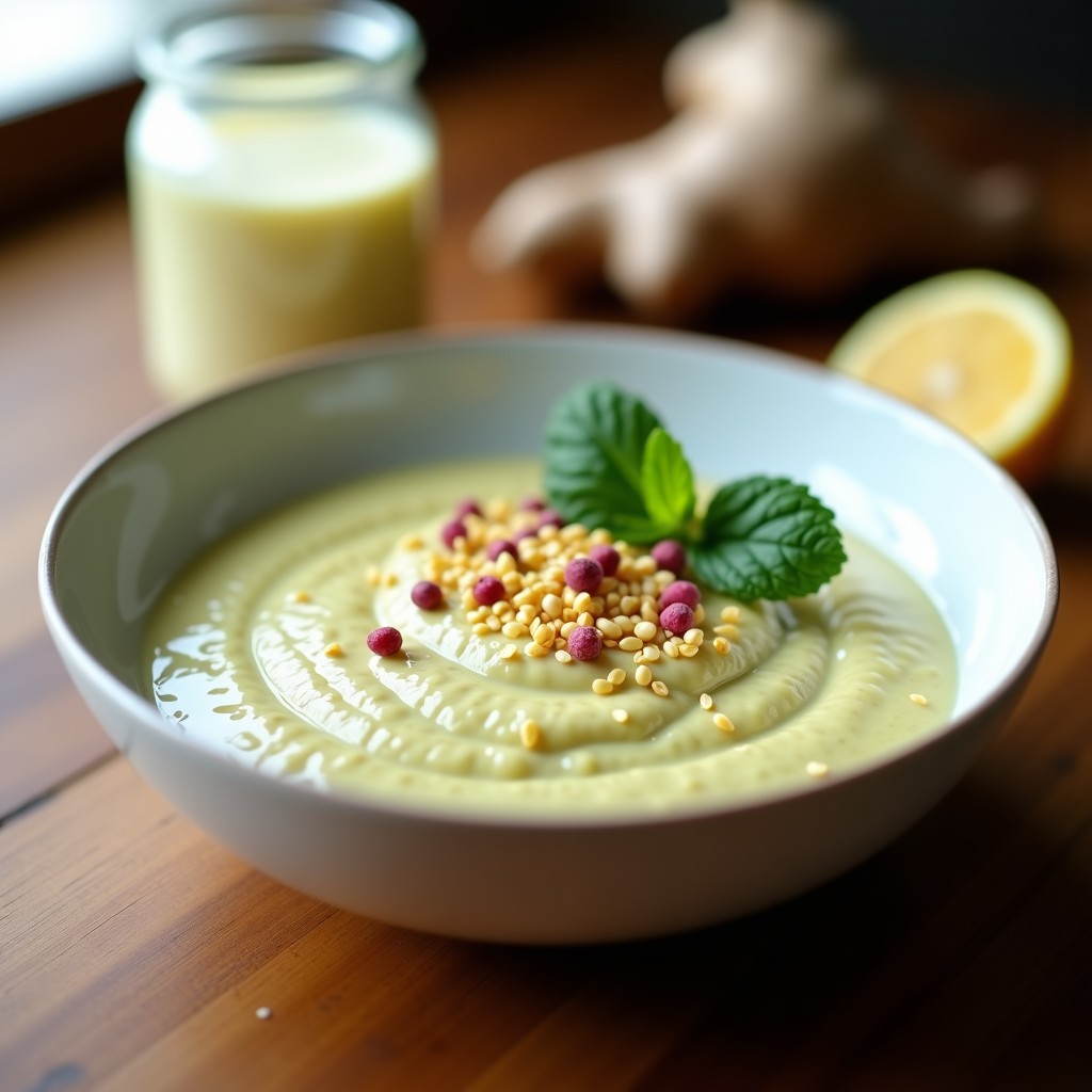 Pudín de chía cremoso en un bol de cerámica blanca, con capas visibles de semillas de chía hidratadas, decorado con semillas de sésamo tostadas, pimienta rosa y hojas de menta fresca. Al fondo, un jarrón con leche de tigre y rodajas de jengibre.