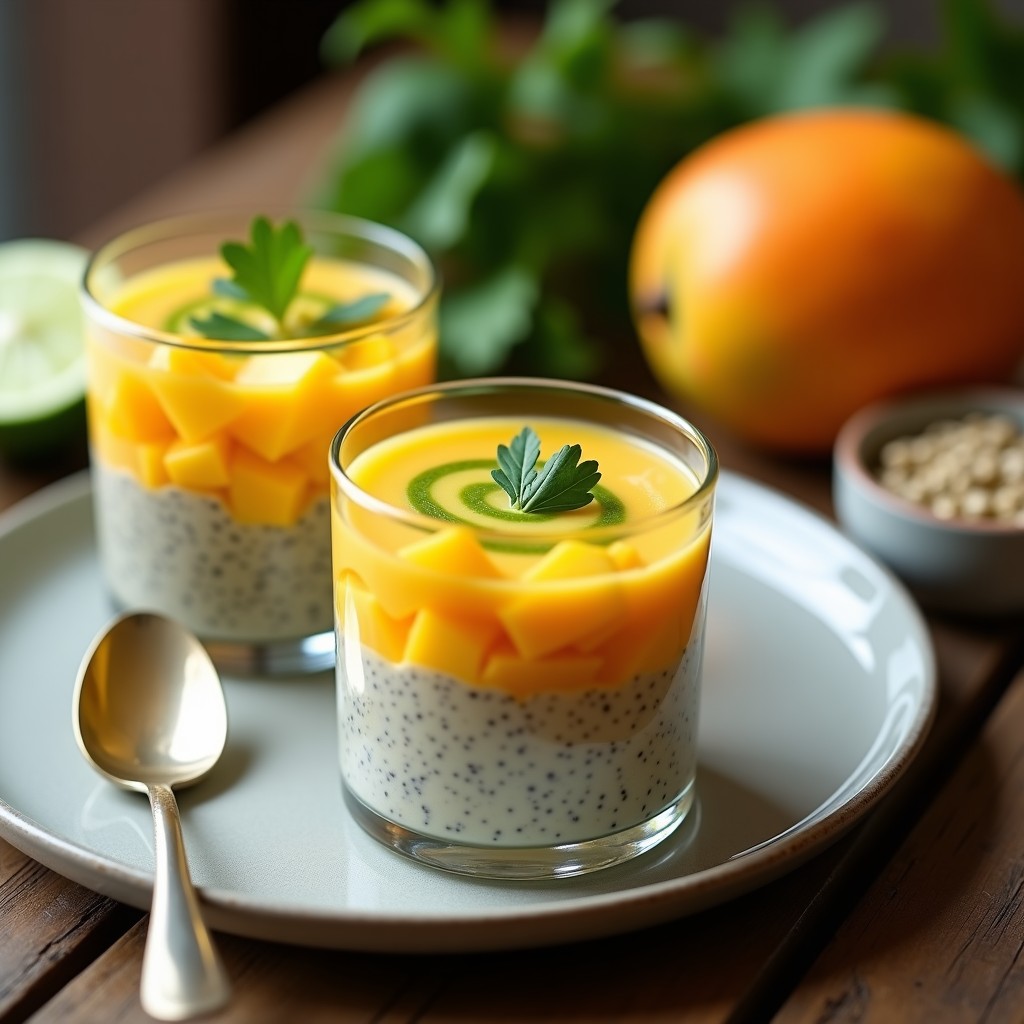 Pudín de Chía y Leche de Tigre con Trozos de Mango: Postre Peruano Vegano y Sin Azúcar