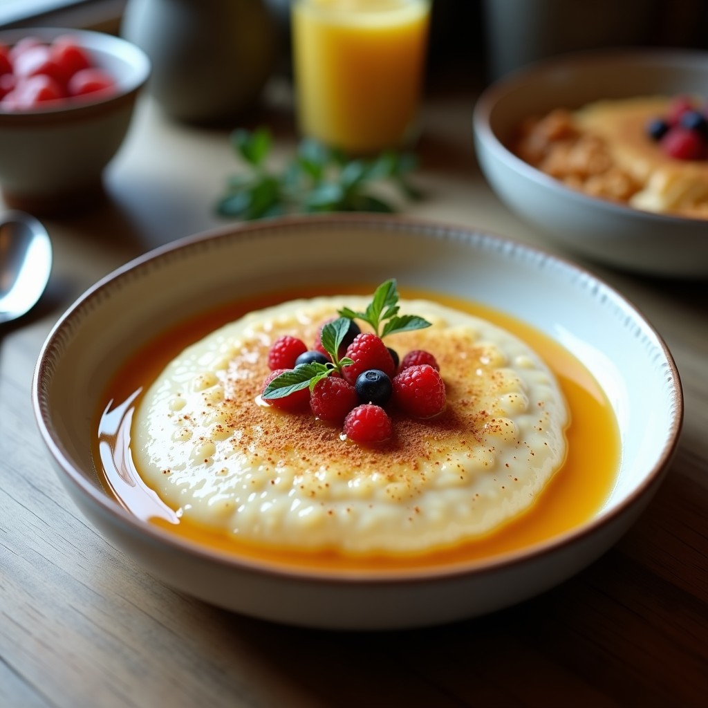 Pudín de chía cremoso de color beige claro en un bol de cerámica blanca, decorado con mitades de huevo de codorniz y algas nori, con un hilo de aceite de oliva. Receta de pudín de chía con leche de tilapia, desayuno keto y alto en omega-3.
