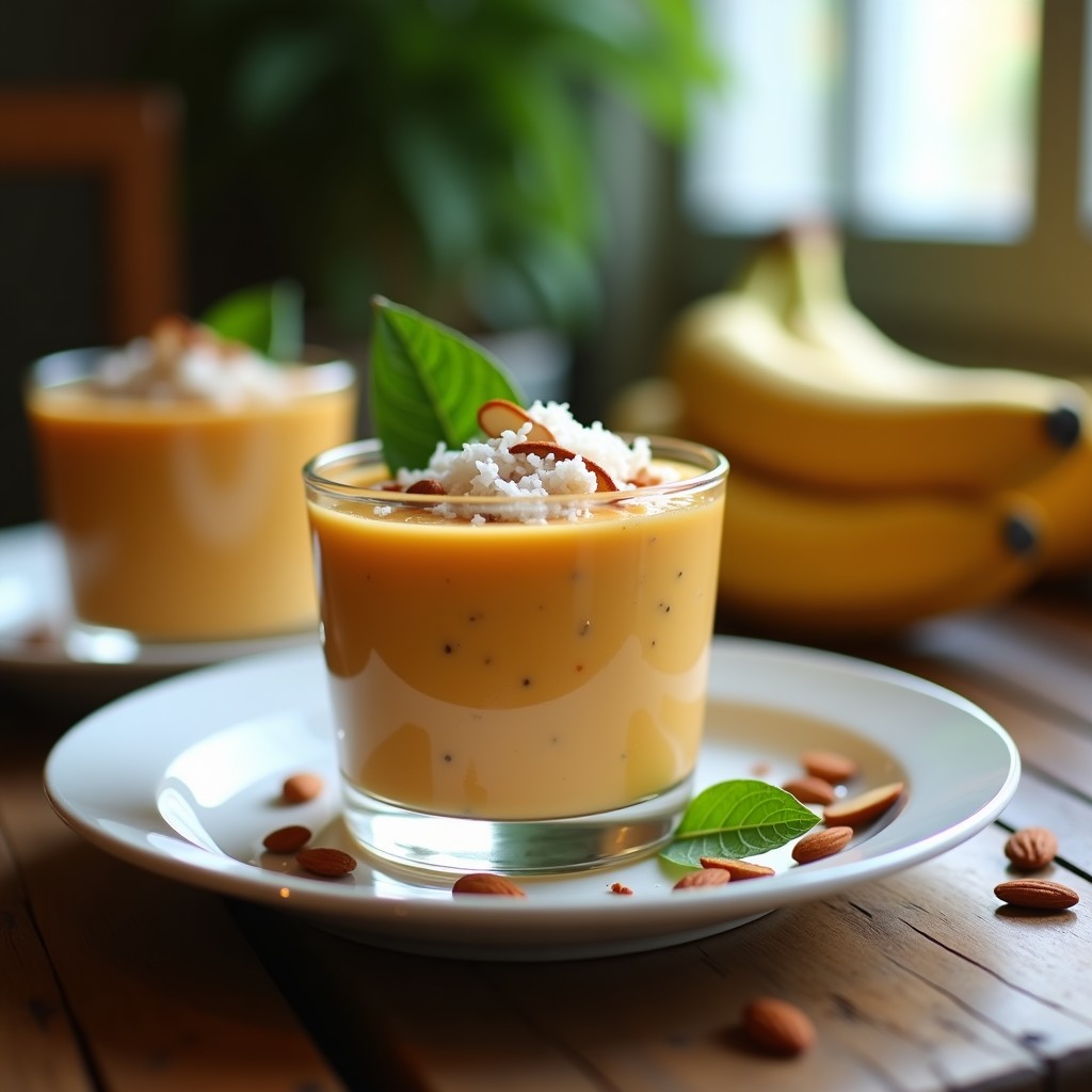 Copa de vidrio transparente con pudín de chía color naranja intenso, decorado con coco rallado y nueces pecanas. Fondo con hojas de palma y rodajas de mamey fresco. Desayuno tropical sin azúcar.