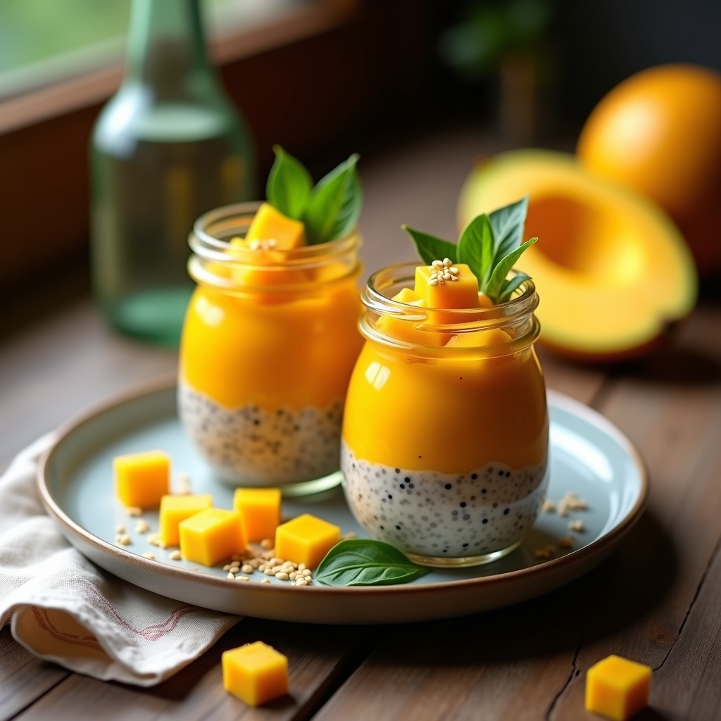 Pudín de chía y mango con hojitas de albahaca servido en copa de cristal transparente, con capas visibles de semillas de chía, trozos de mango amarillo y decoración de albahaca fresca y anacardos picados.
