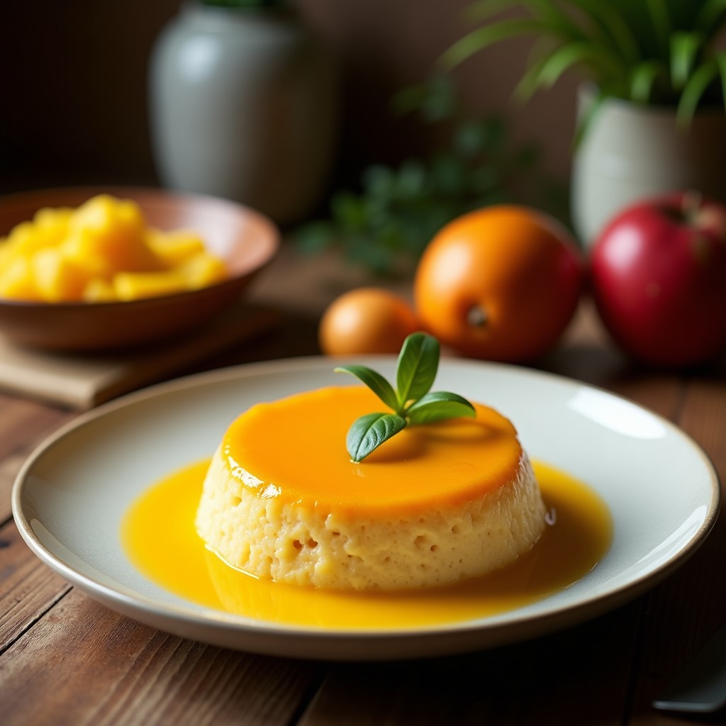 Vaso transparente con pudín de chía en capas amarillas y crema, decorado con coco rallado y almendras fileteadas. Desayuno vegano rico en omega-3 con mango y cardamomo.