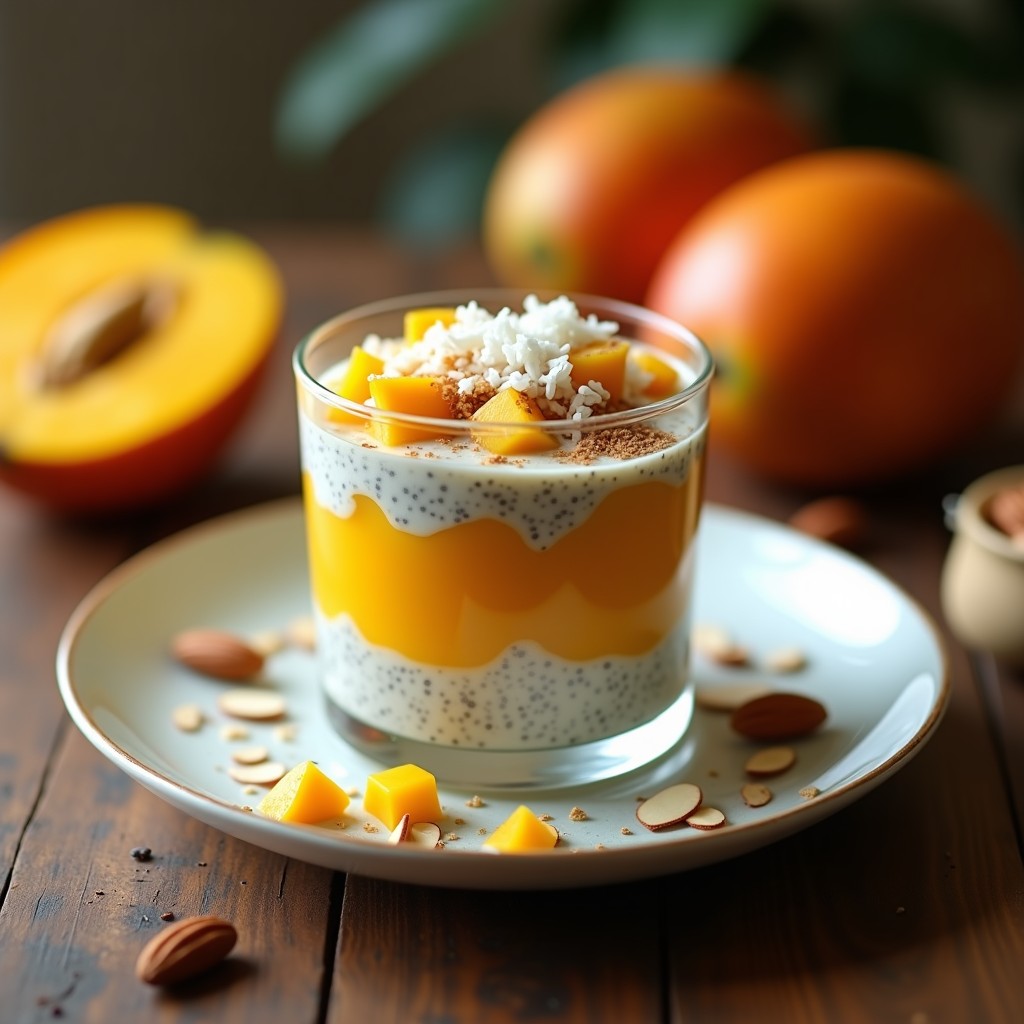 Vaso transparente con pudín de chía cremoso, capas de mango fresco y espolvoreado de cardamomo, coco rallado y almendras fileteadas sobre fondo rústico de madera. Desayuno indio sin lactosa alto en fibra.