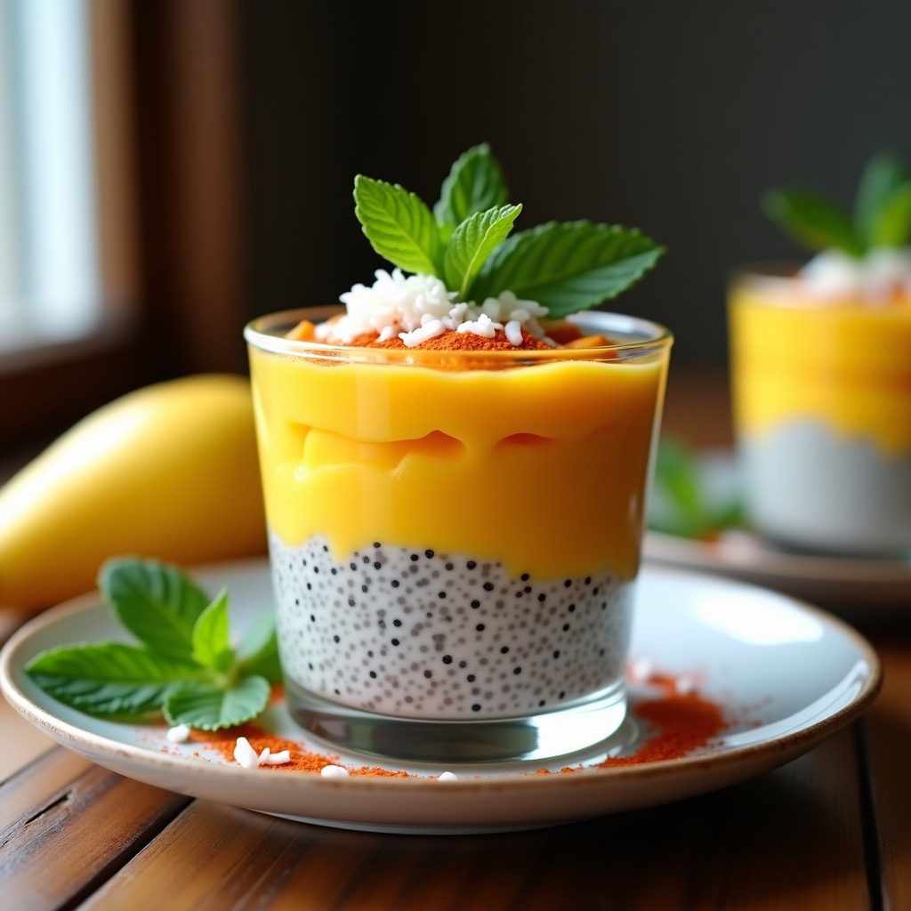 Vasitos de vidrio transparentes con pudín de chía cremoso, capas de mango fresco en cubos dorados, espolvoreado con chile en polvo rojo y coco rallado blanco, decorado con hojas de menta verde. Postre mexicano sin azúcar con textura gelatinosa y colores vibrantes.