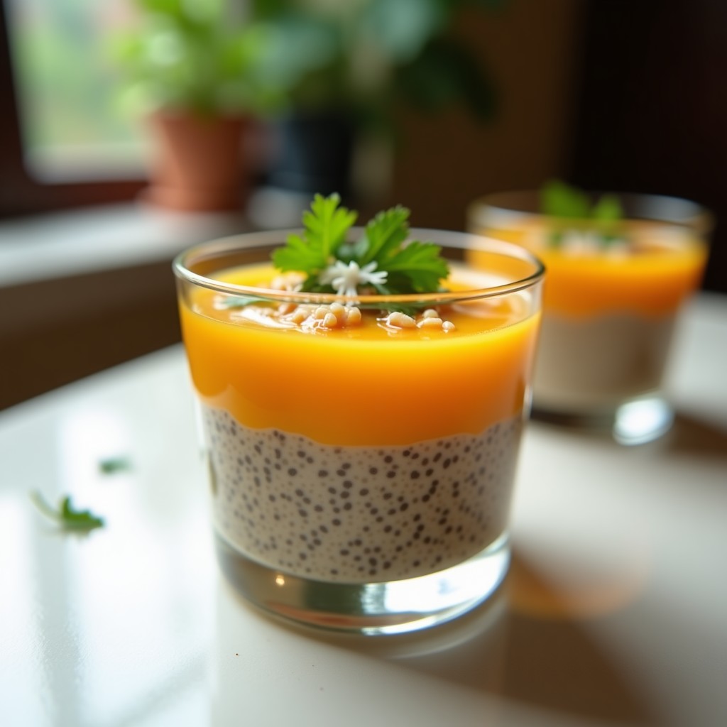 Copa de vidrio transparente con pudín de chía y mango en capas cremosas, coronado con salsa de tamarindo dorada, hojas de cilantro fresco y coco rallado. Postre tamil sin cocción sobre fondo neutro con luz natural.