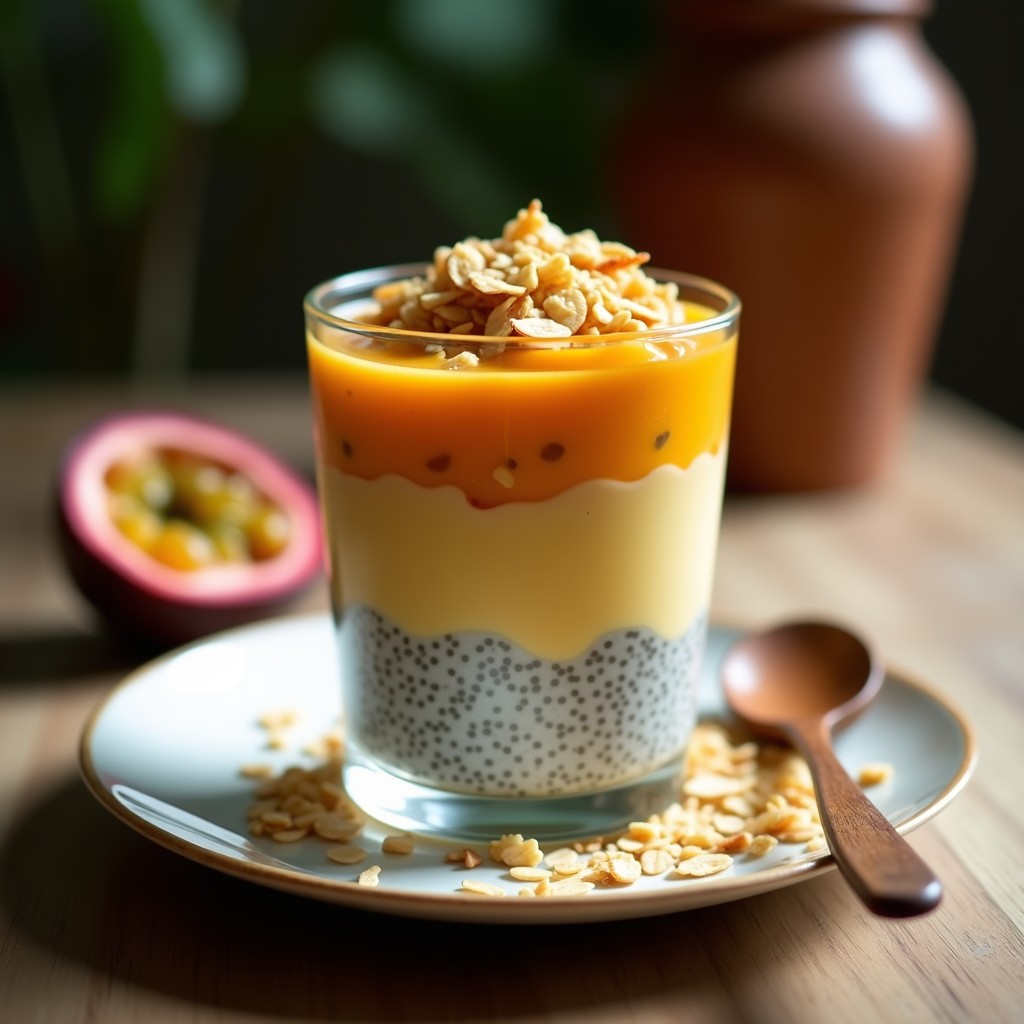Vaso transparente con capas de pudín de chía y maracuyá de color amarillo vibrante, coronado con granola de avena dorada y crujiente, semillas de chía y coco rallado. Plato típico colombiano sin azúcar, servido sobre una mesa de madera con hojas de plátano de fondo.